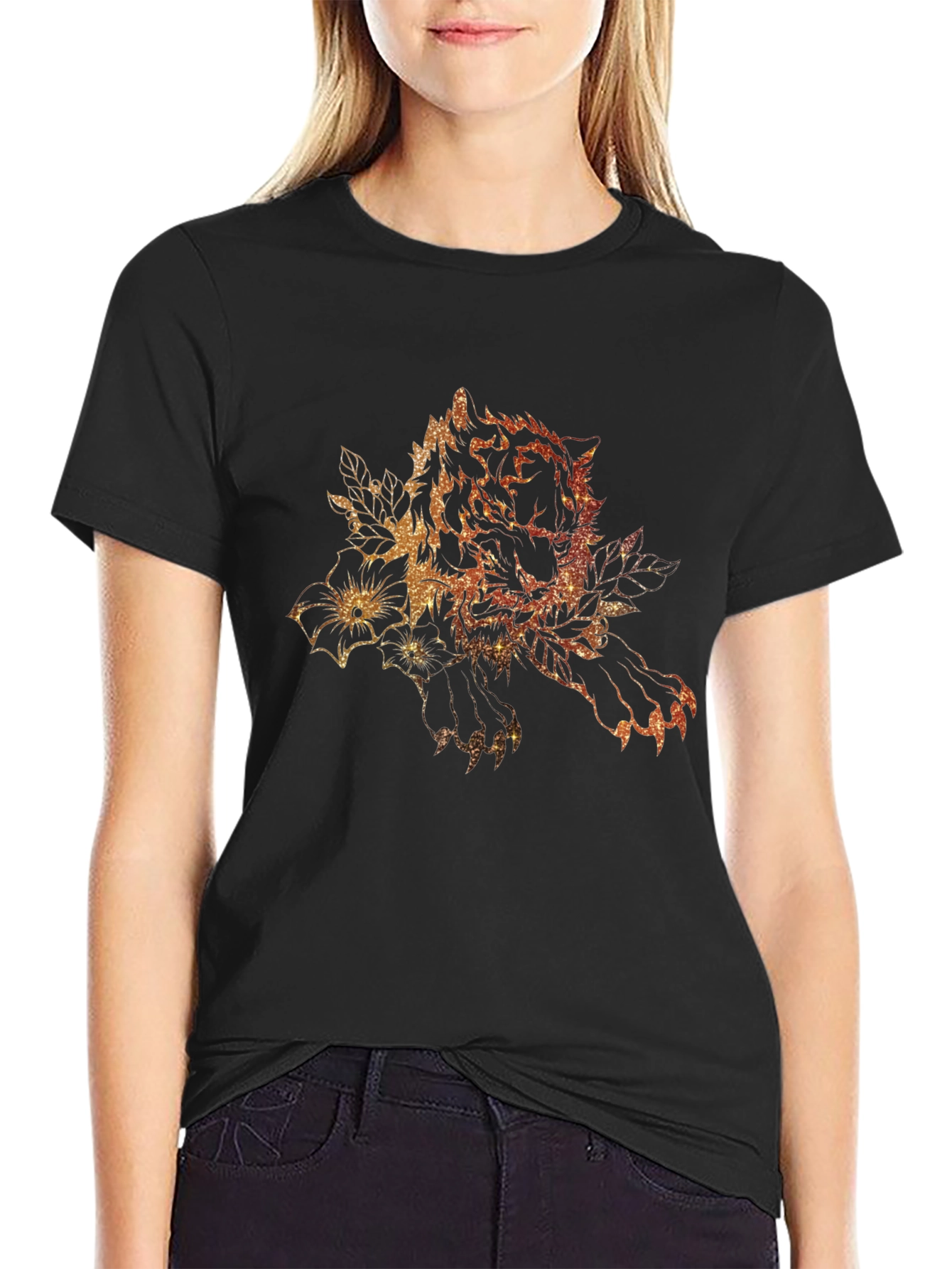 Tiger Floral Print Black Graphic Tee