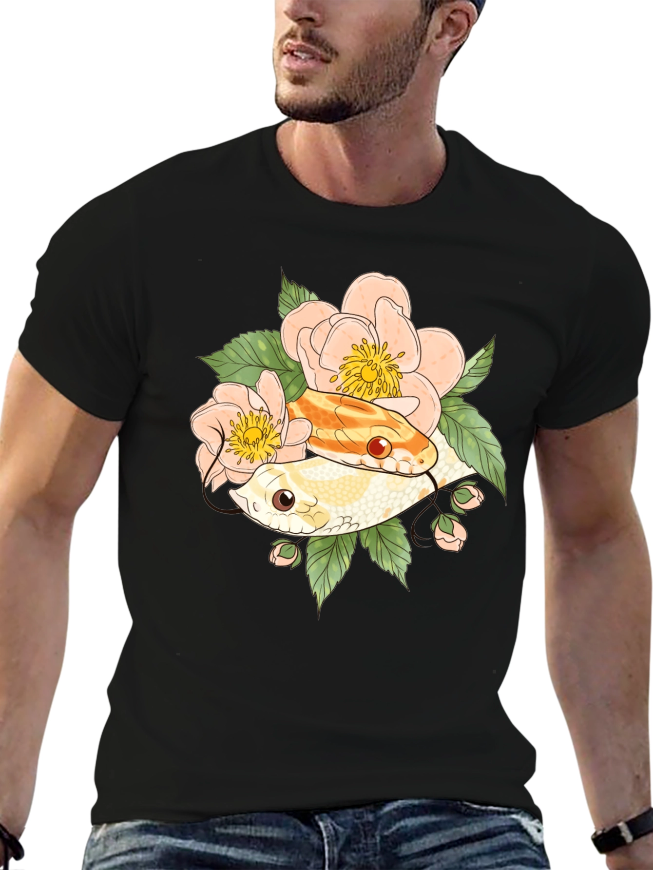 Snake & Floral T-Shirt - Unique Graphic Tee