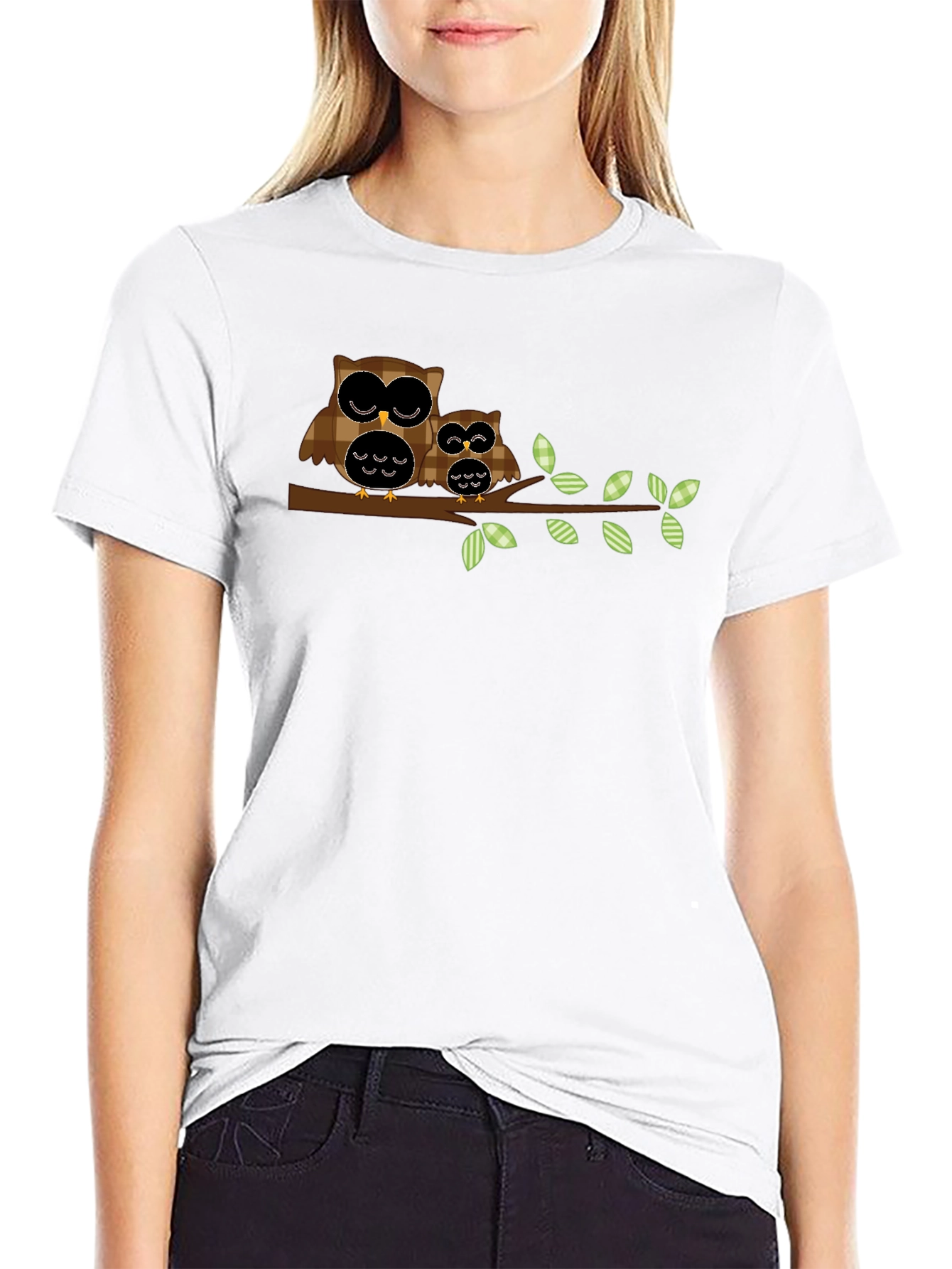 Owl Family Tree Branch Black T-Shirt