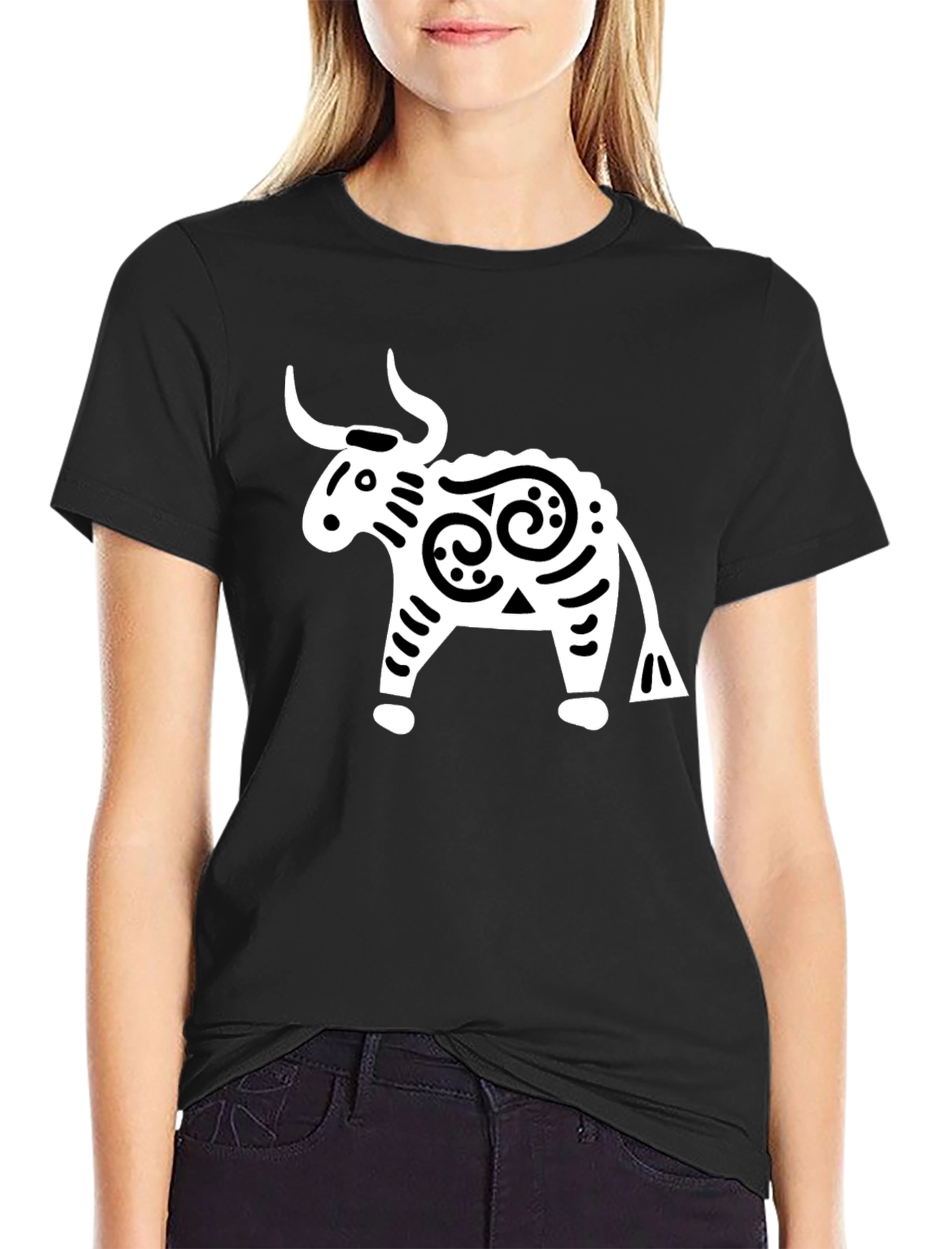 Stylized Bull Graphic Tee - Black
