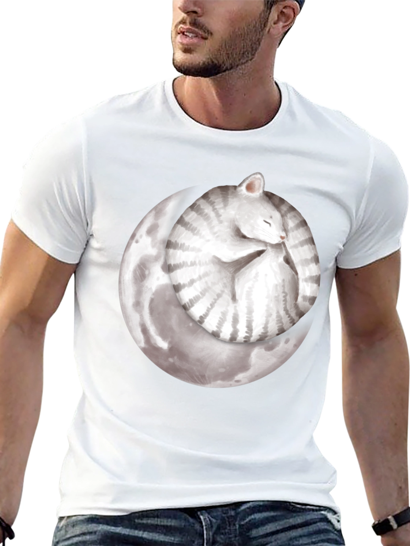 Moon Cat Black T-Shirt - Sleepy Celestial Kitten Tee