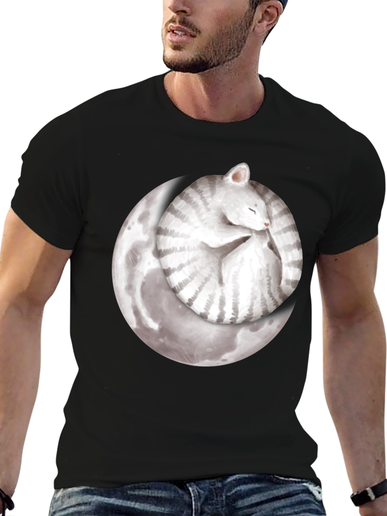 Moon Cat Black T-Shirt - Sleepy Celestial Kitten Tee
