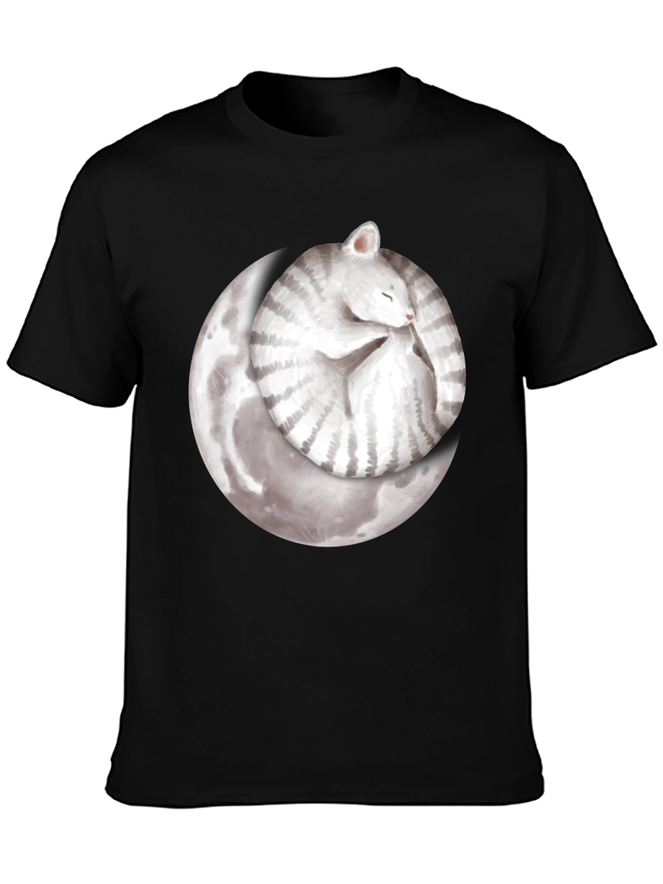 Moon Cat Black T-Shirt - Sleepy Celestial Kitten Tee