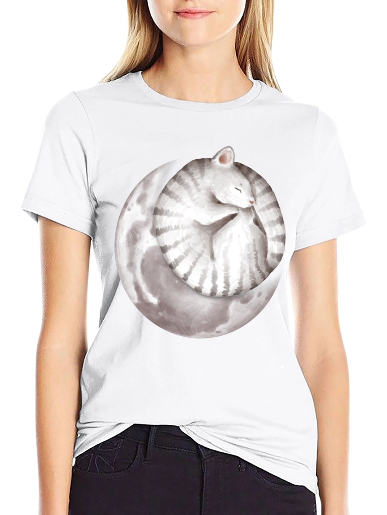 Moon Cat Black T-Shirt - Sleepy Celestial Kitten Tee