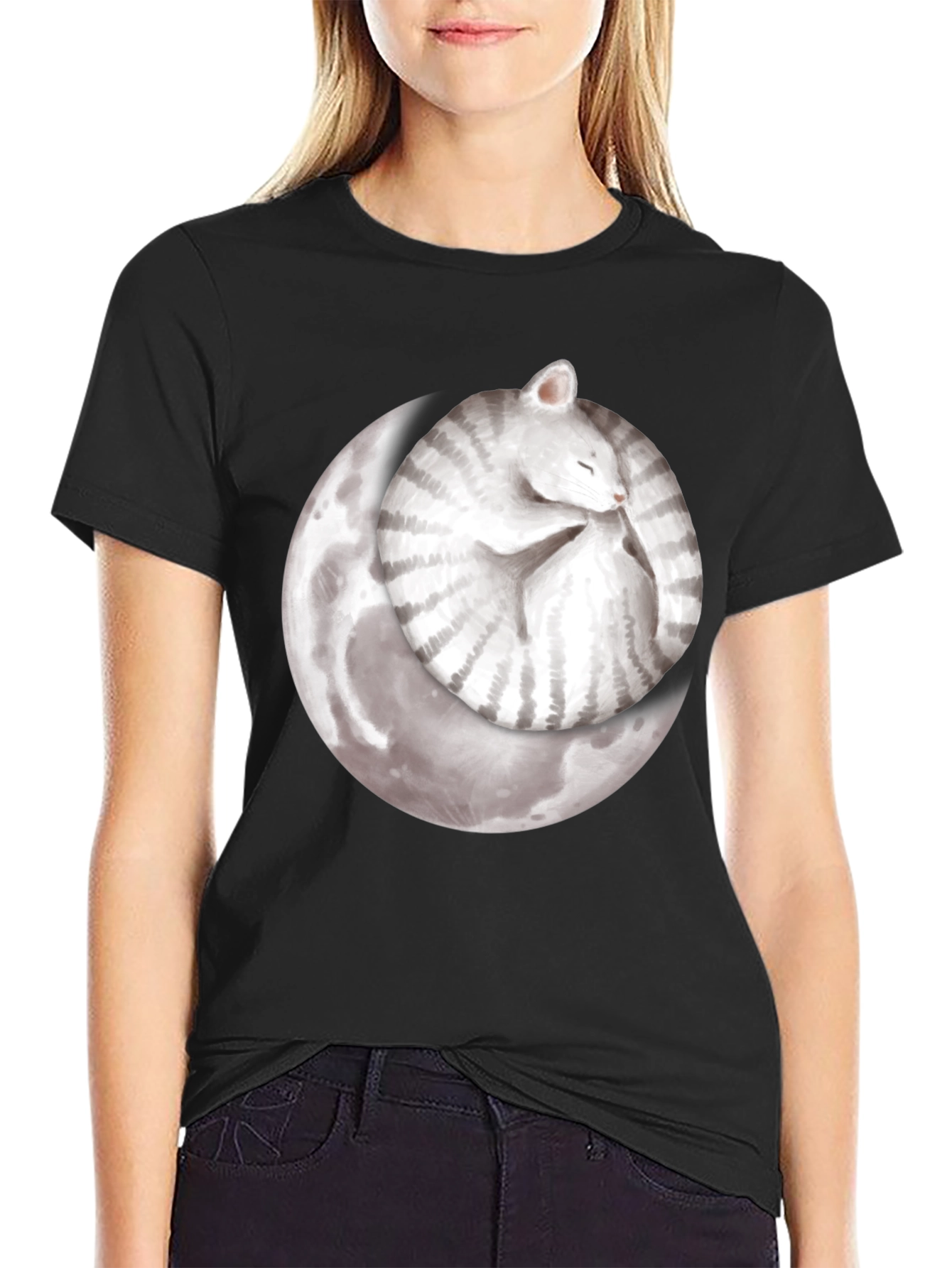 Moon Cat Black T-Shirt - Sleepy Celestial Kitten Tee