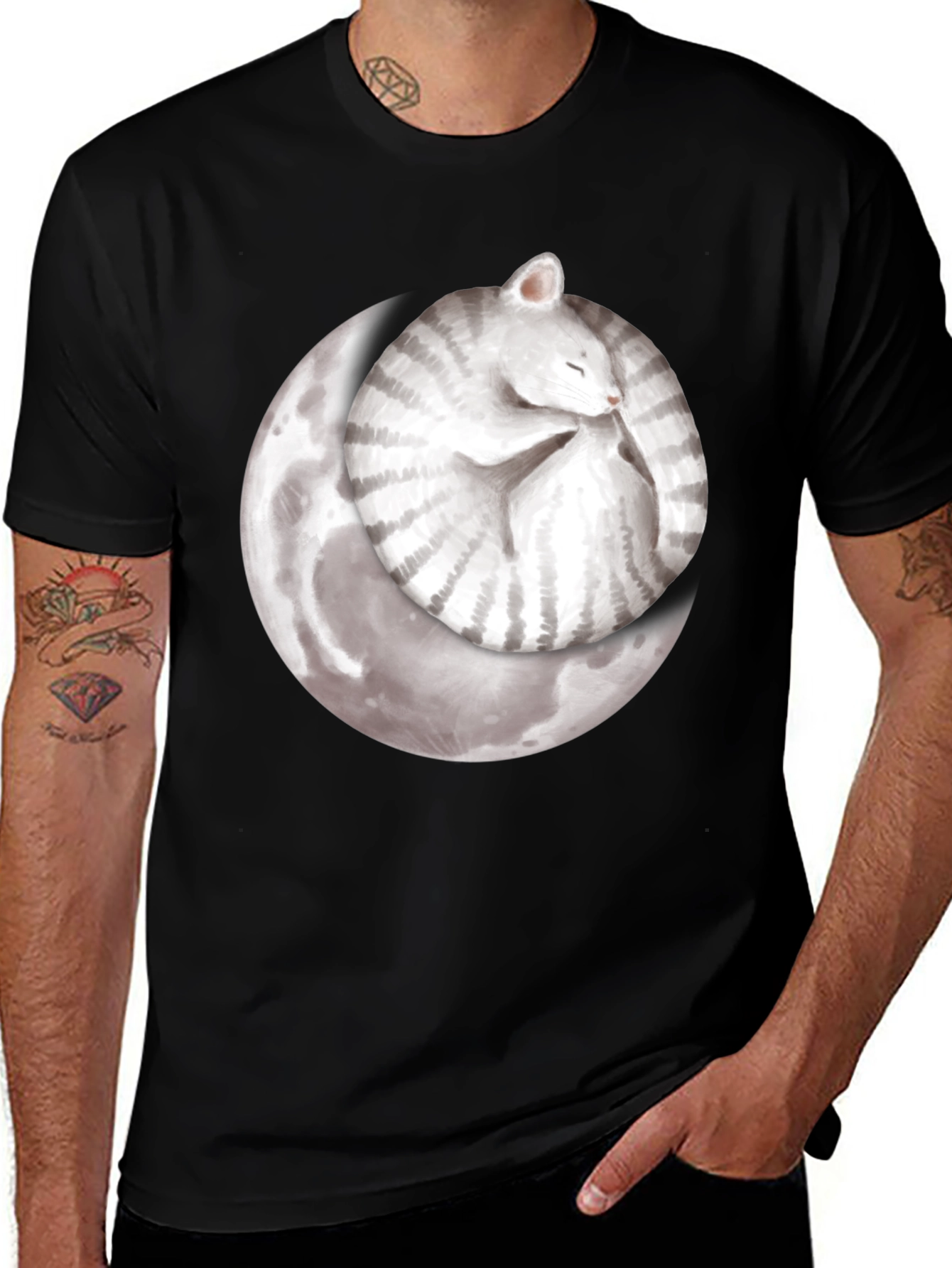 Moon Cat Black T-Shirt - Sleepy Celestial Kitten Tee