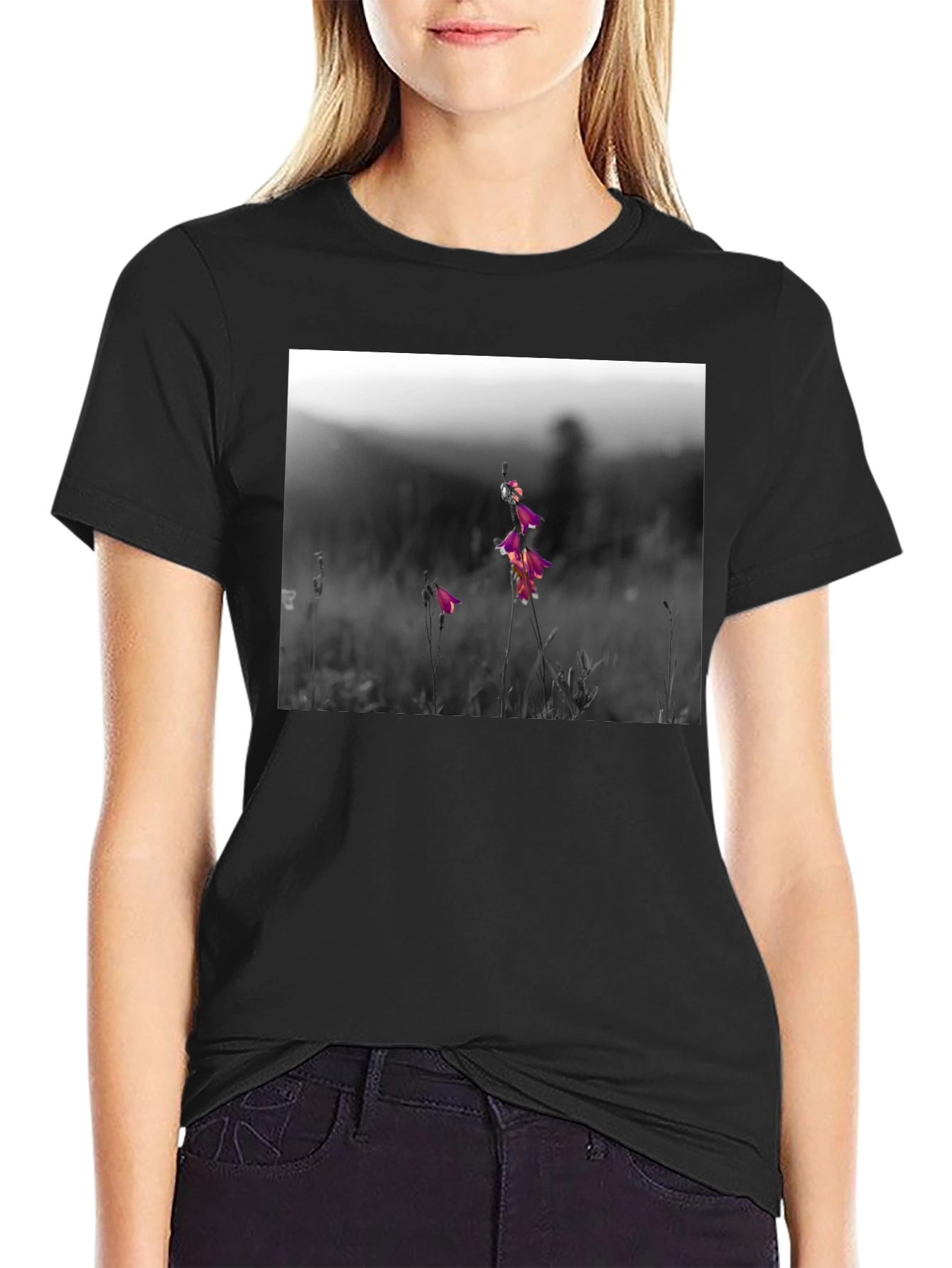 Floral Meadow Graphic Tee - Black Cotton Blend