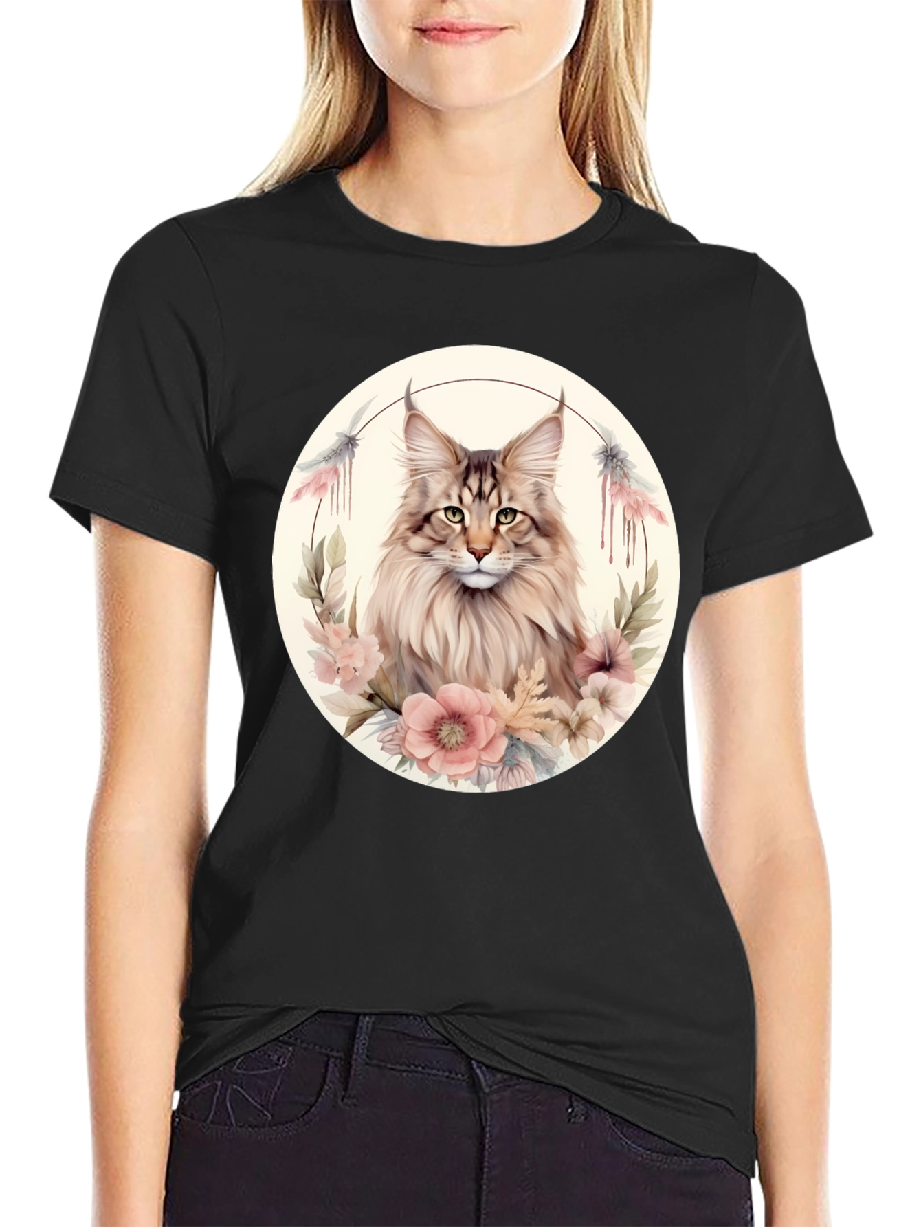 Maine Coon Cat Floral T-Shirt