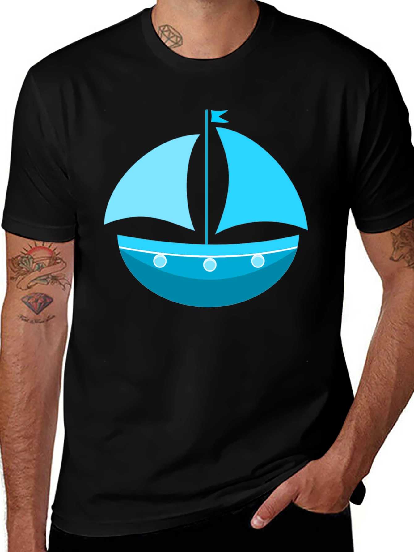 Nautical Sailboat Graphic Tee - Black Cotton Shirt