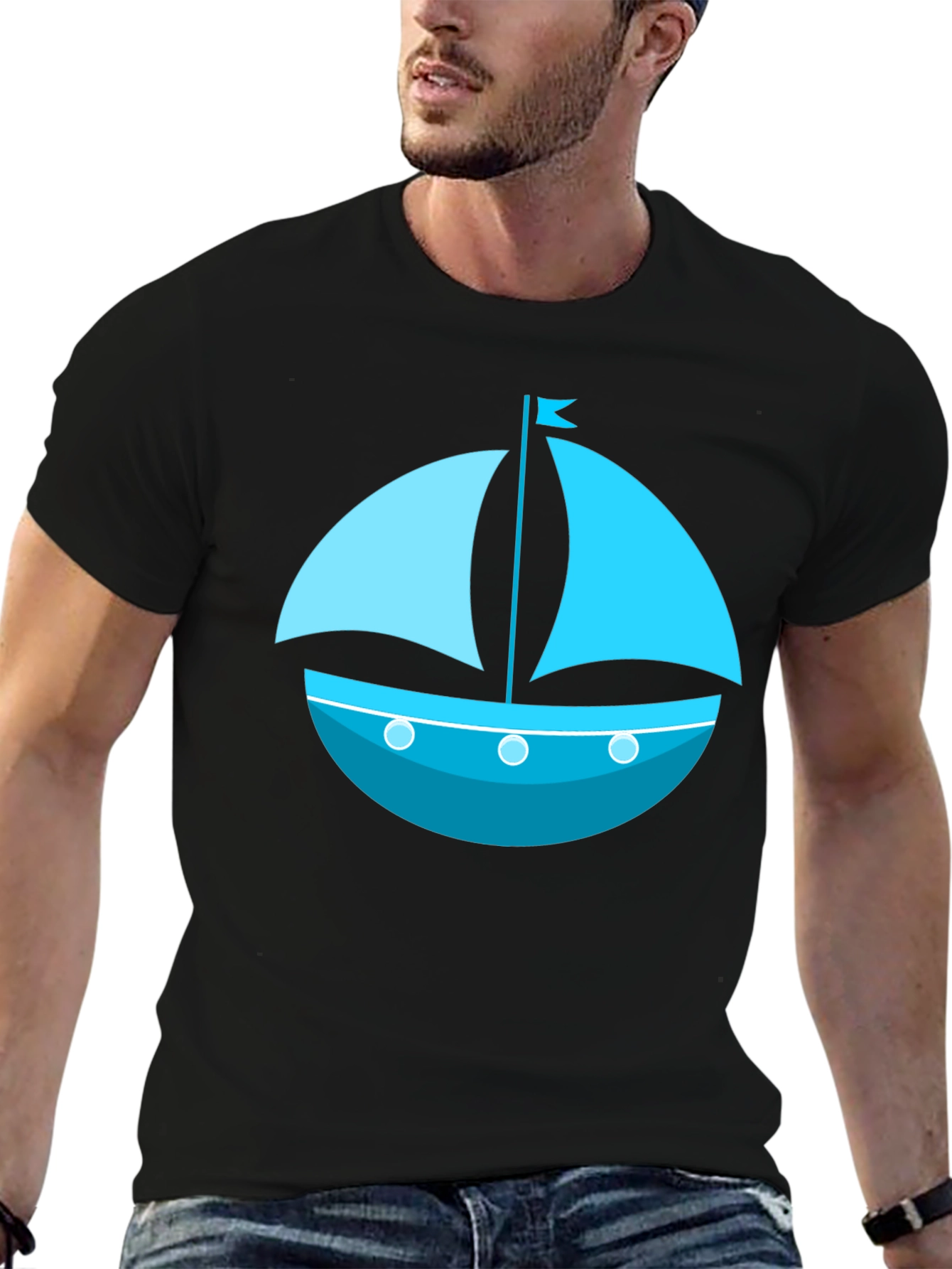 Nautical Sailboat Graphic Tee - Black Cotton Shirt