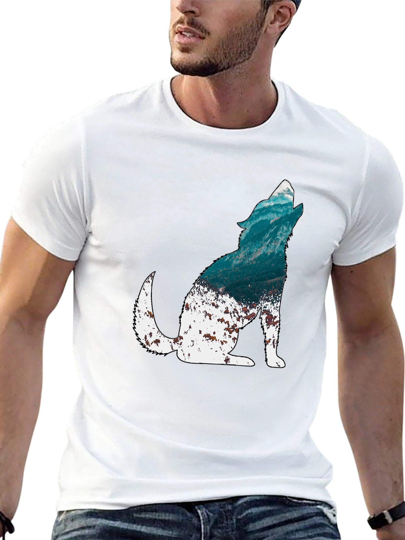 Wolf Silhouette Graphic Print Mens Black T-Shirt