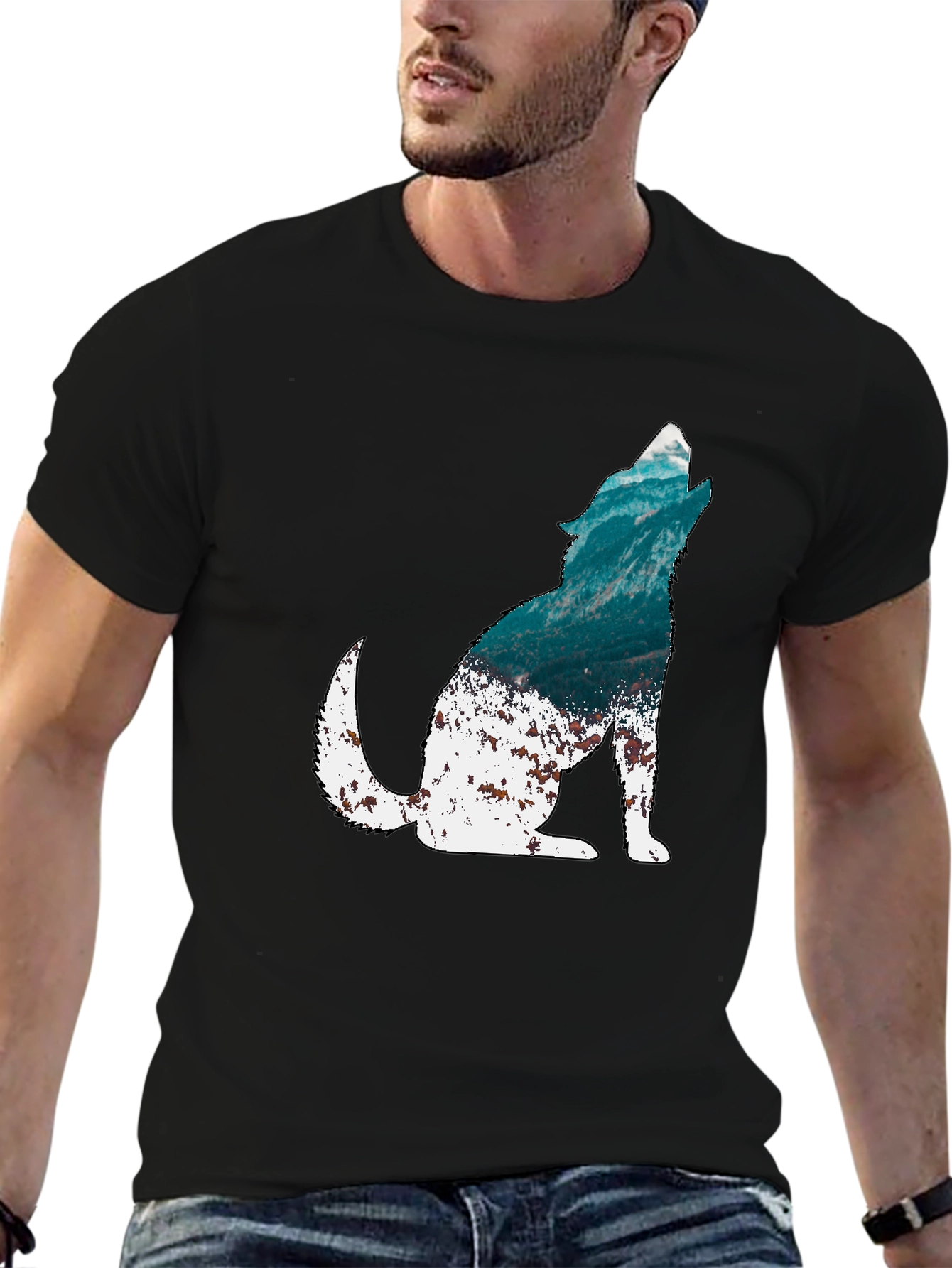 Wolf Silhouette Graphic Print Mens Black T-Shirt