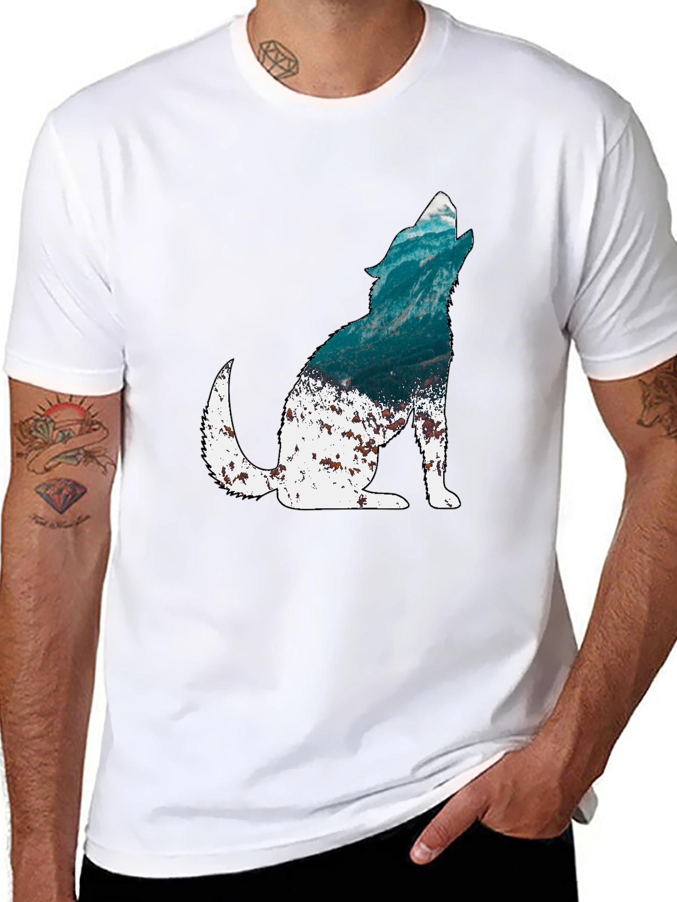 Wolf Silhouette Graphic Print Mens Black T-Shirt
