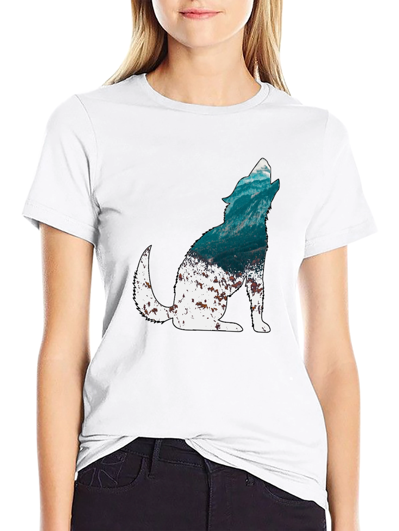 Wolf Silhouette Graphic Print Mens Black T-Shirt