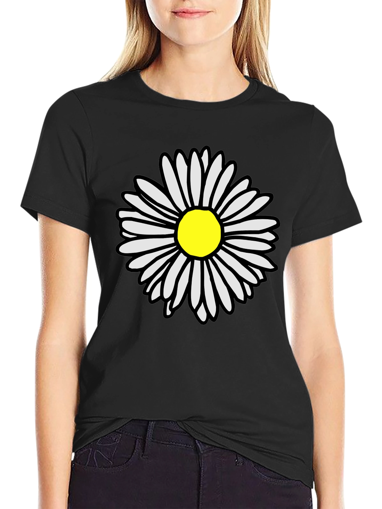 Daisy Flower Graphic Tee - Casual Black T-Shirt