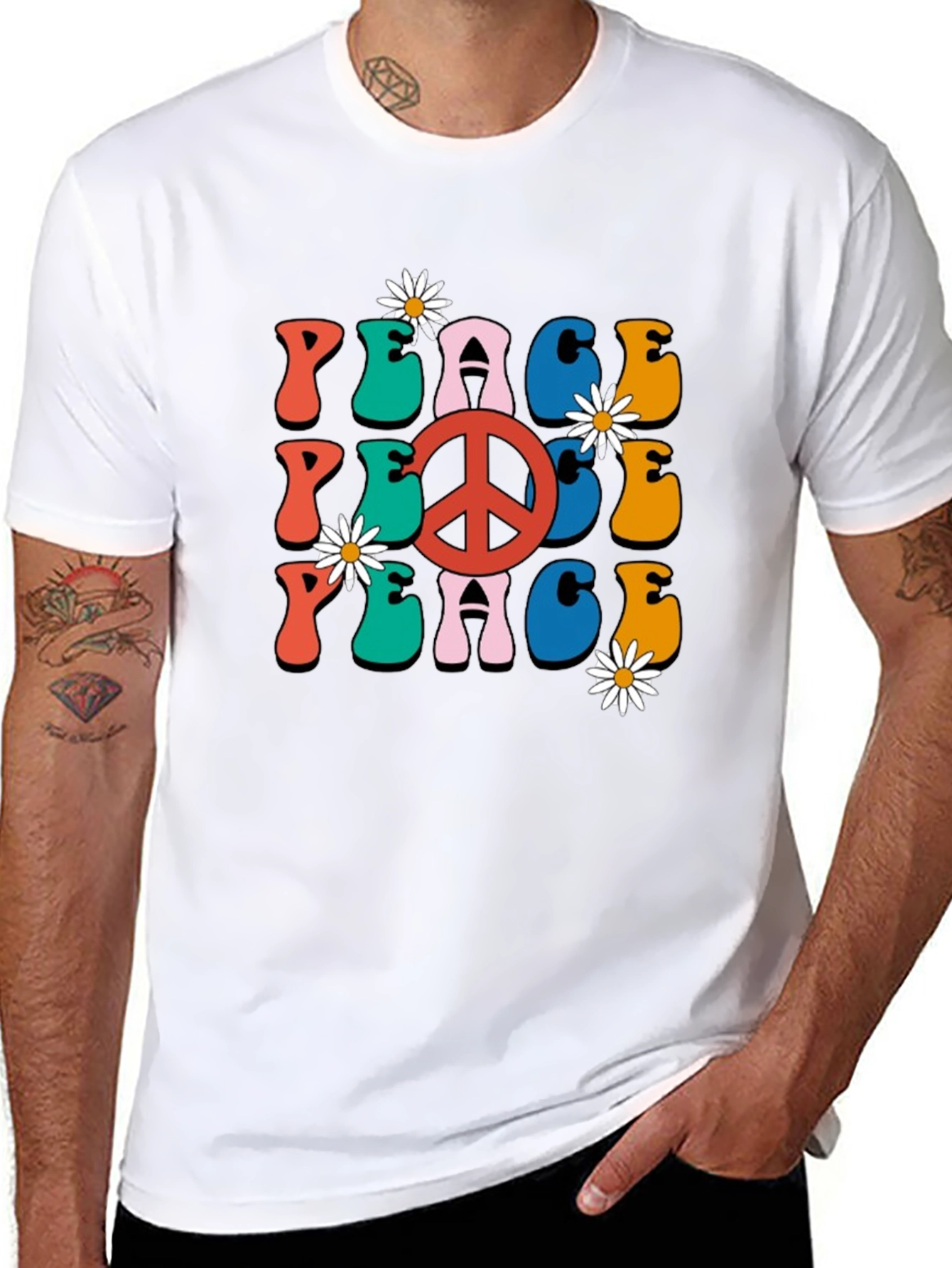 Retro Peace Sign Graphic Tee - Black Cotton T-Shirt