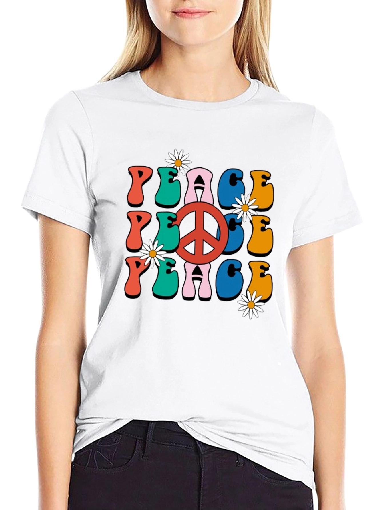 Retro Peace Sign Graphic Tee - Black Cotton T-Shirt