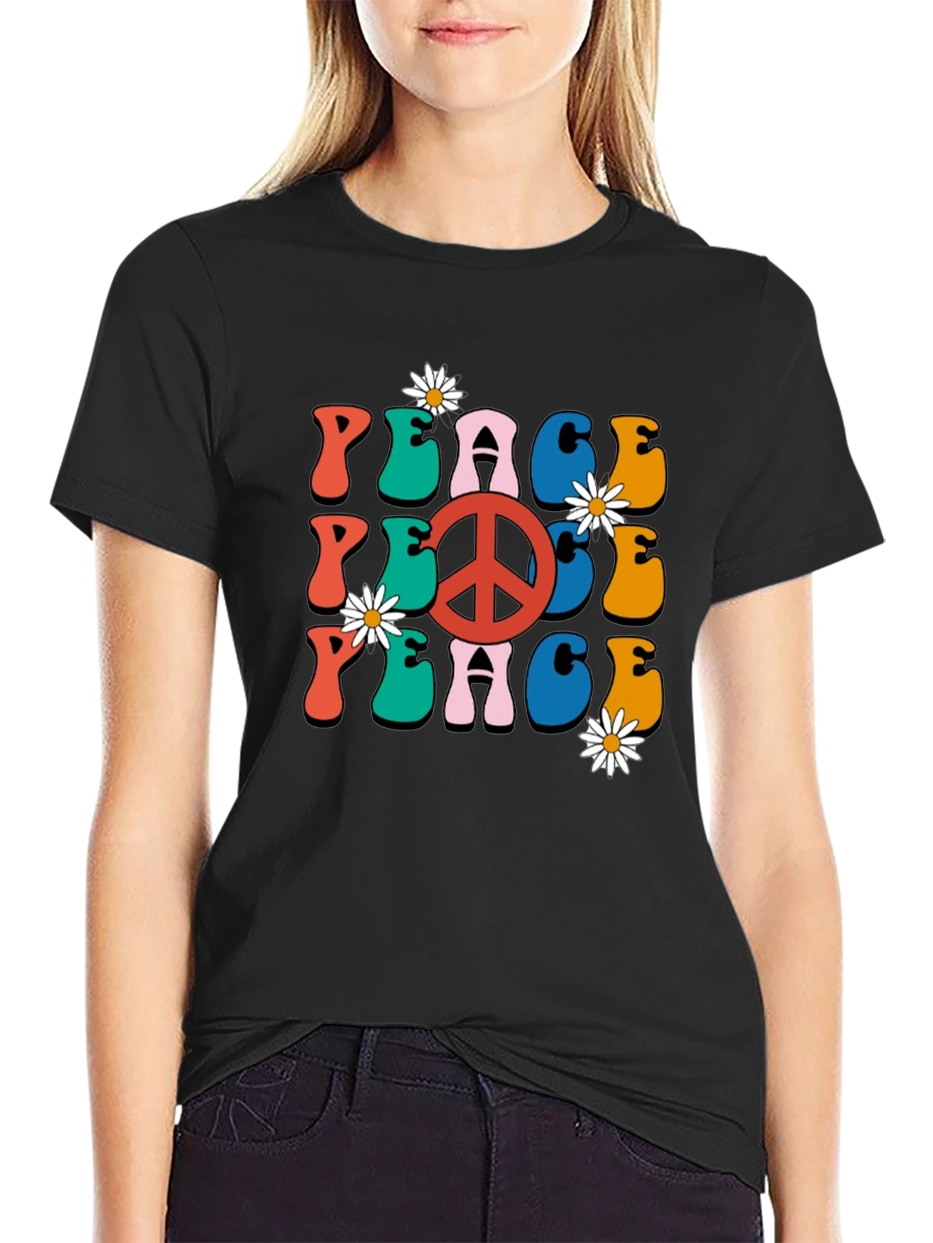 Retro Peace Sign Graphic Tee - Black Cotton T-Shirt
