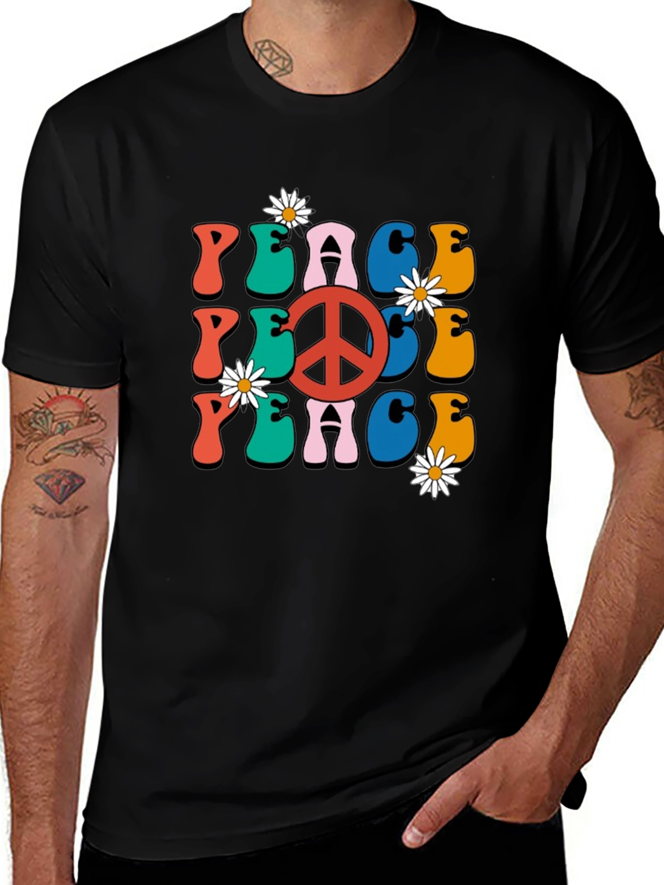 Retro Peace Sign Graphic Tee - Black Cotton T-Shirt