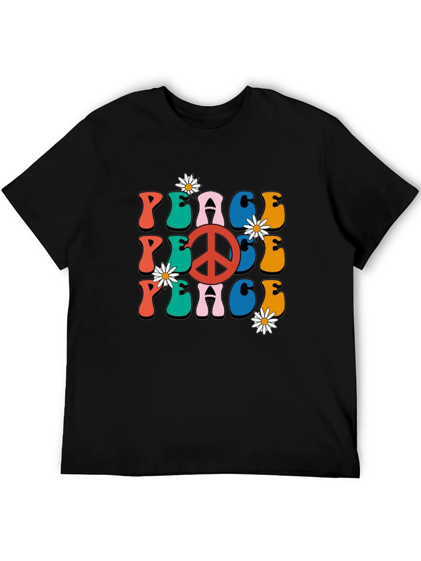 Retro Peace Sign Graphic Tee - Black Cotton T-Shirt