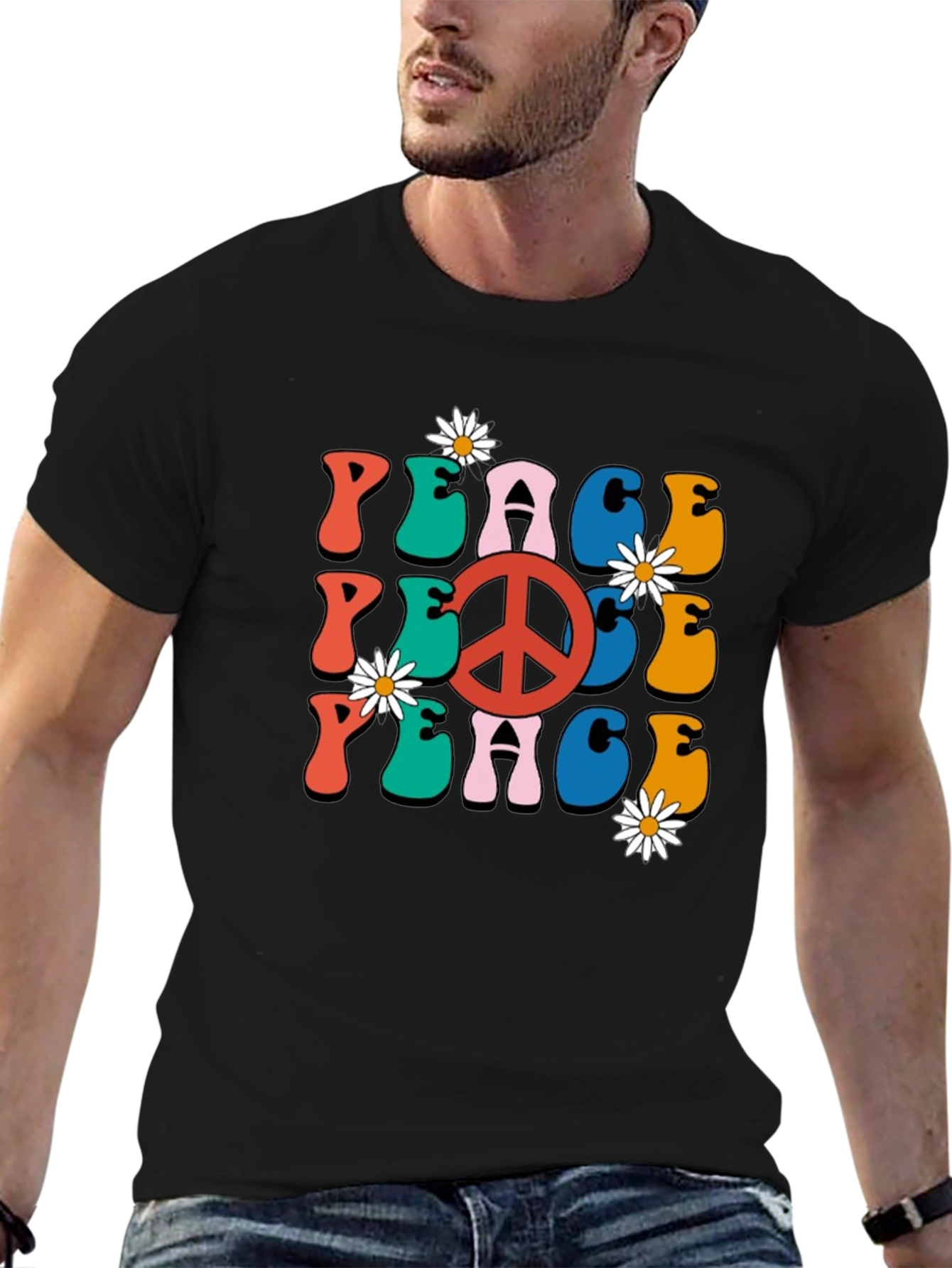 Retro Peace Sign Graphic Tee - Black Cotton T-Shirt