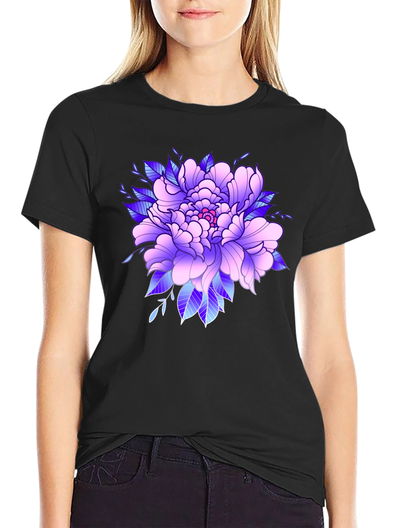Floral Peony Graphic Black T-Shirt