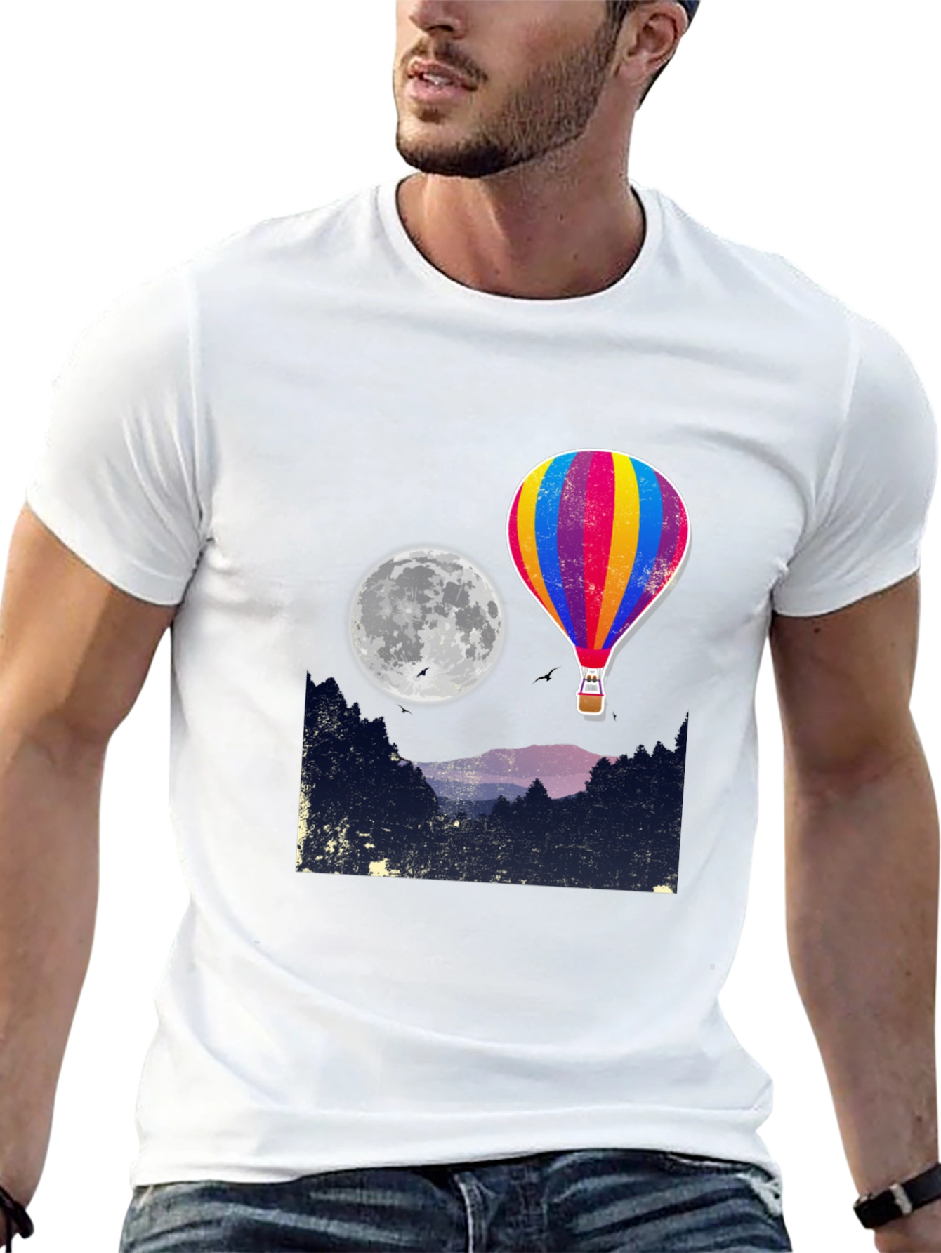 Hot Air Balloon Moon Graphic Tee - Black