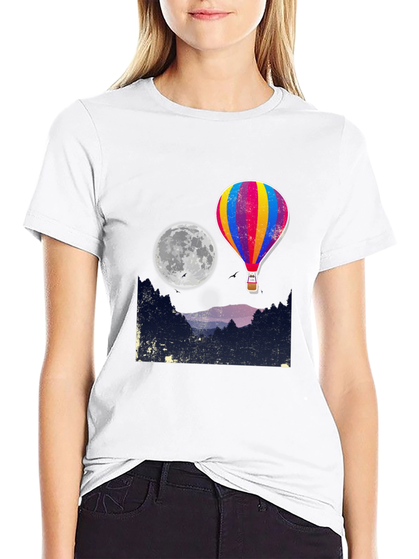 Hot Air Balloon Moon Graphic Tee - Black