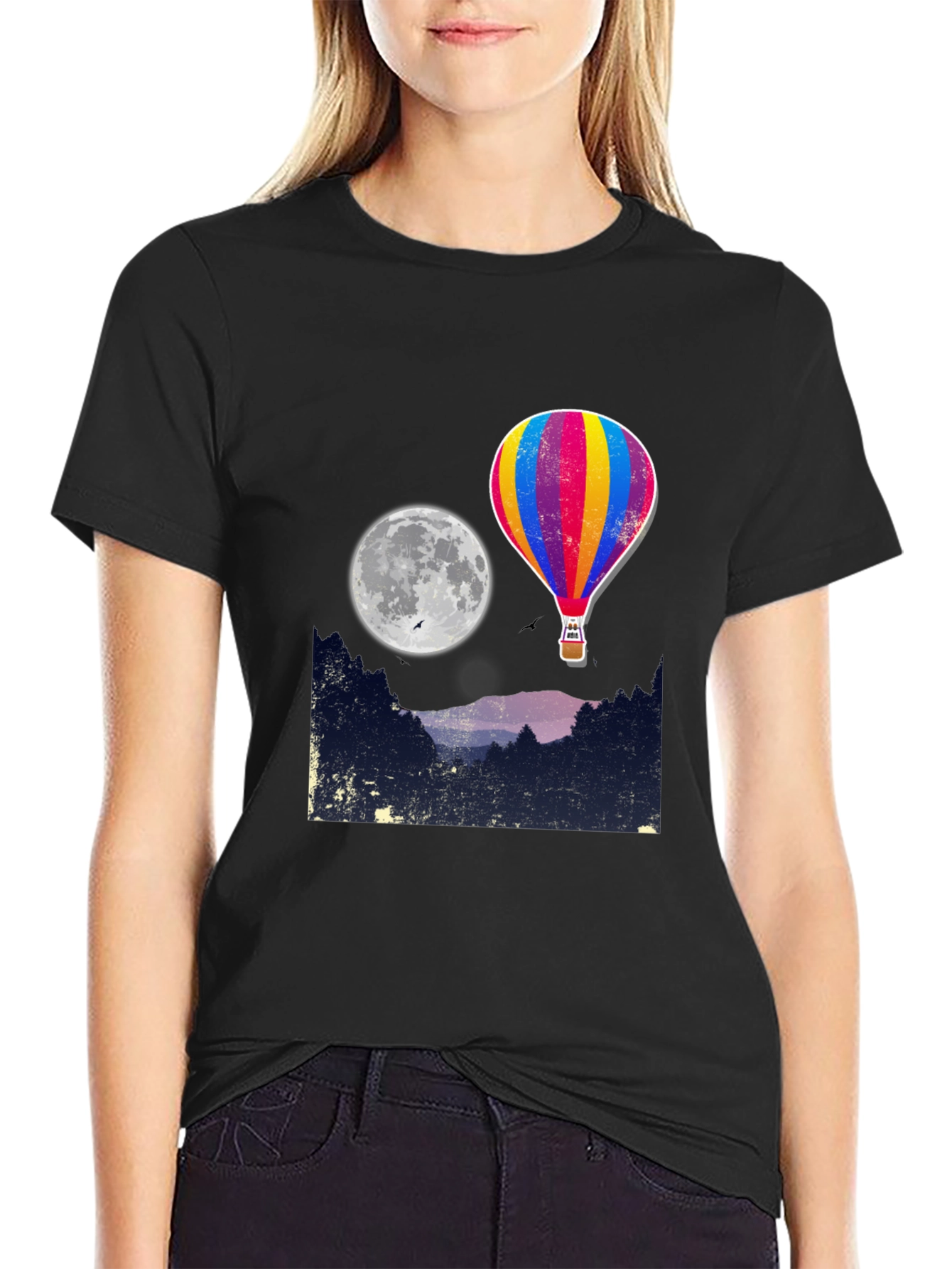Hot Air Balloon Moon Graphic Tee - Black