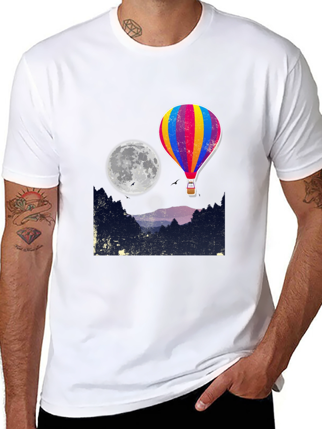Hot Air Balloon Moon Graphic Tee - Black