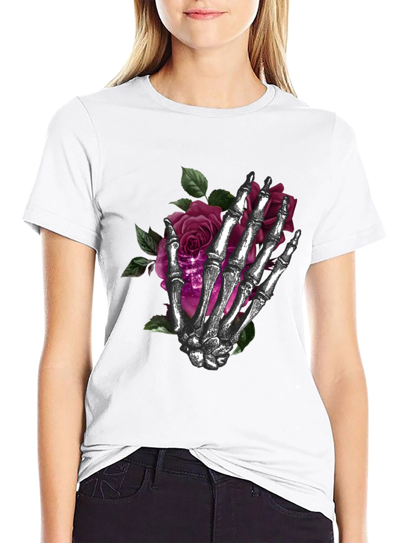 Skeleton Hand Roses Graphic T-Shirt - Dark Gothic Style