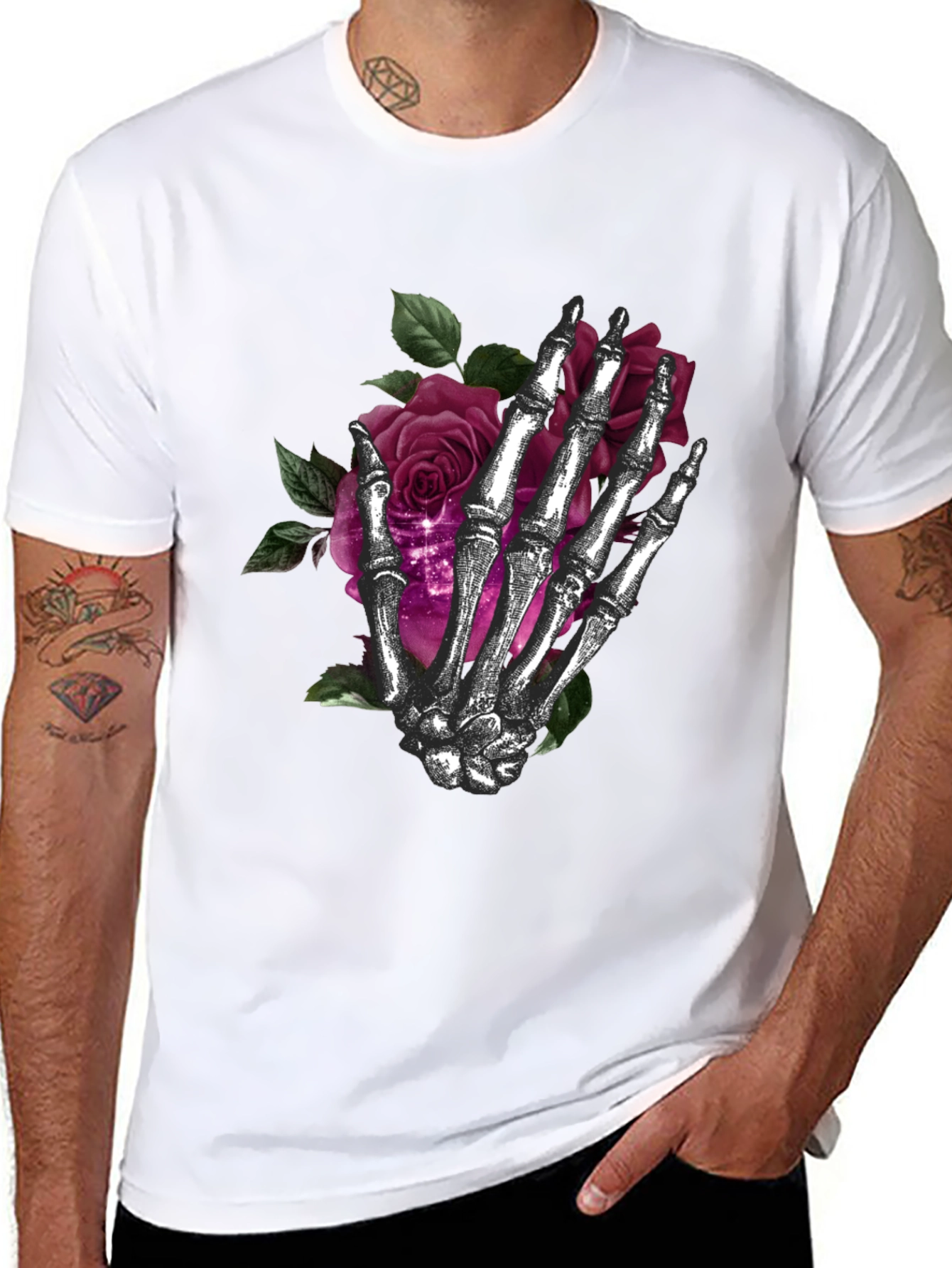 Skeleton Hand Roses Graphic T-Shirt - Dark Gothic Style