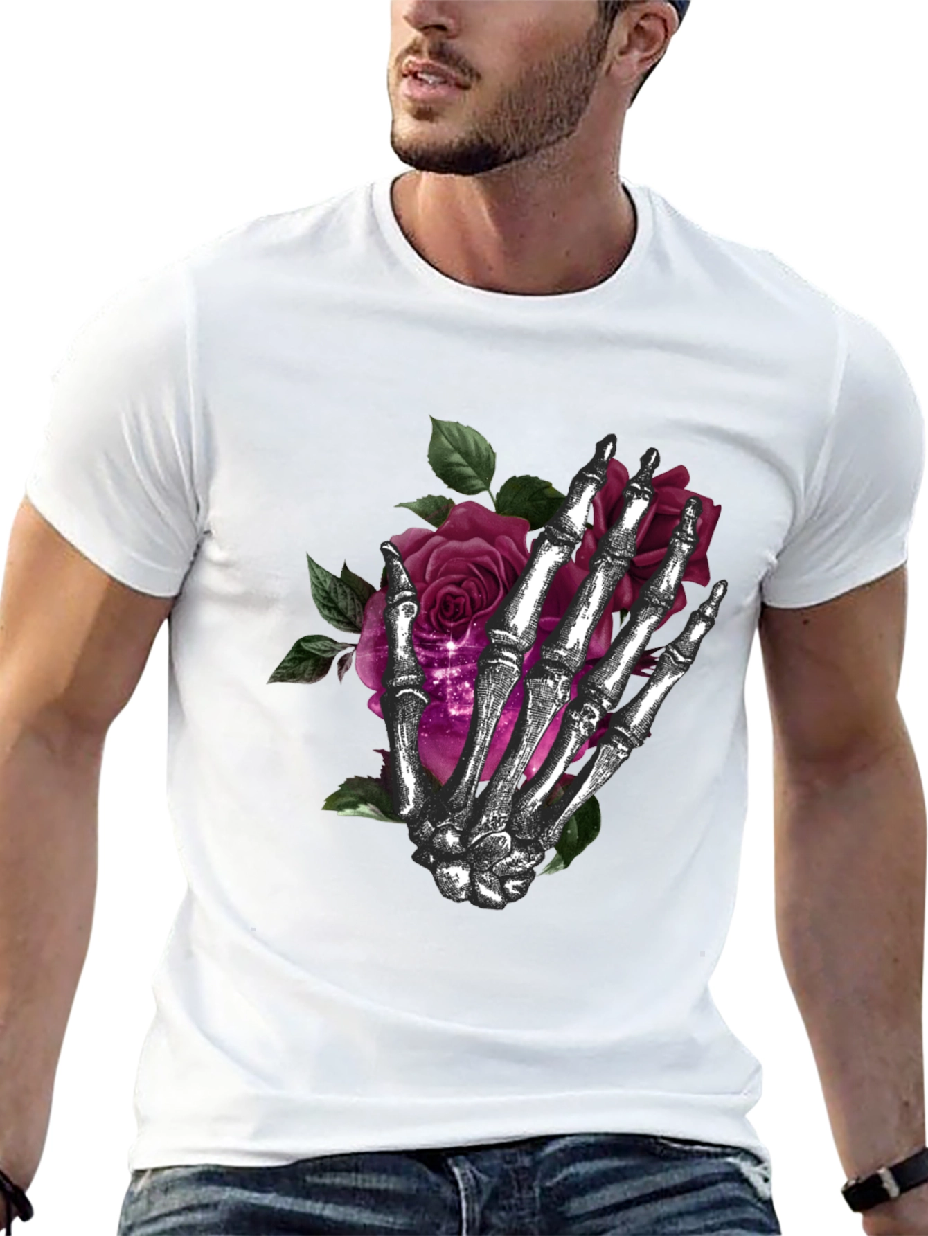 Skeleton Hand Roses Graphic T-Shirt - Dark Gothic Style