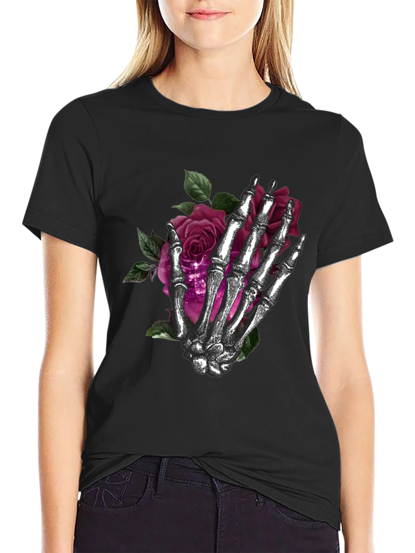Skeleton Hand Roses Graphic T-Shirt - Dark Gothic Style