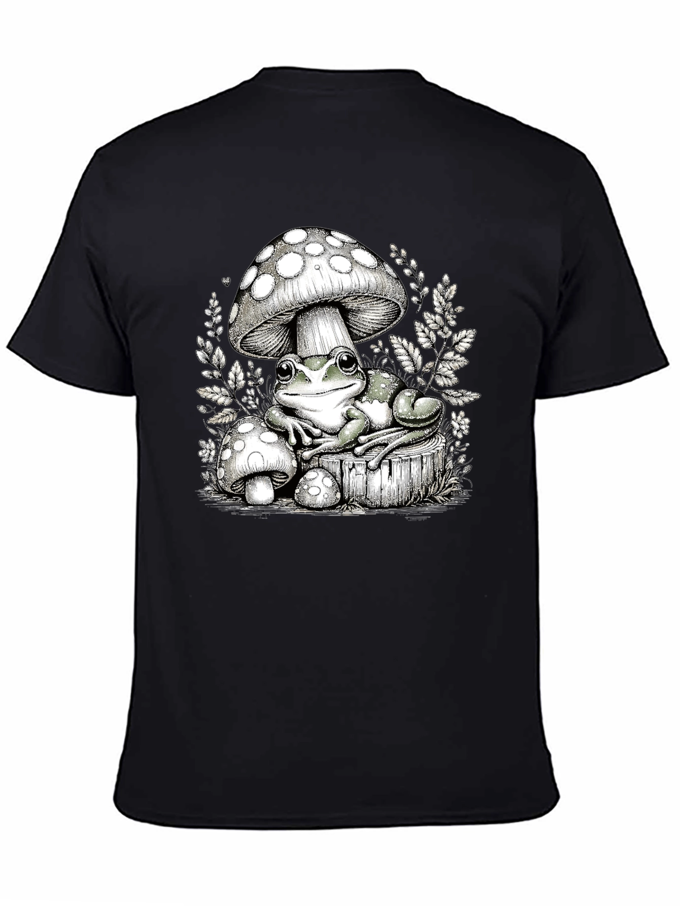 Frog and Mushroom Graphic Tee - Black Cotton T-Shirt