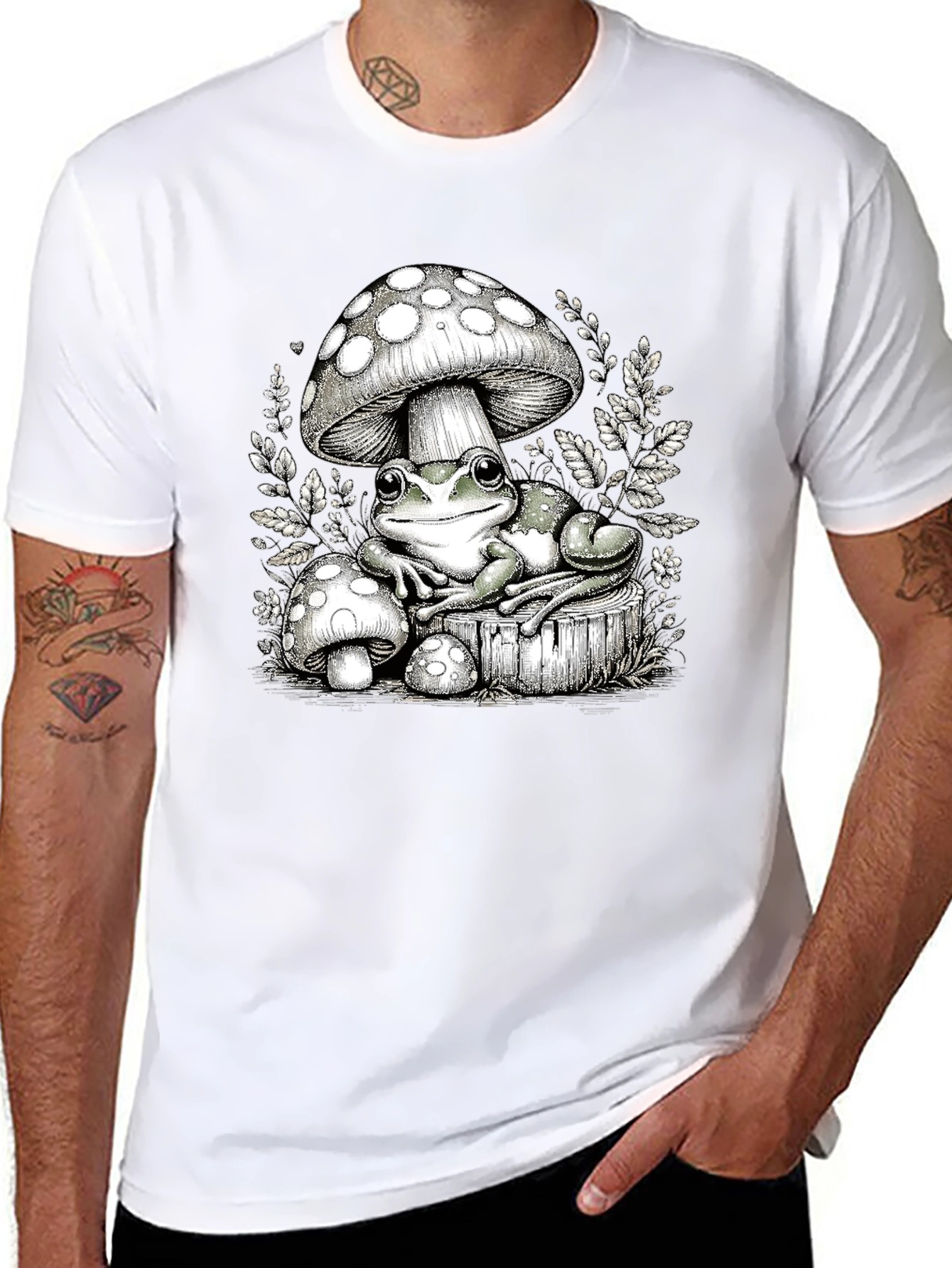 Frog and Mushroom Graphic Tee - Black Cotton T-Shirt