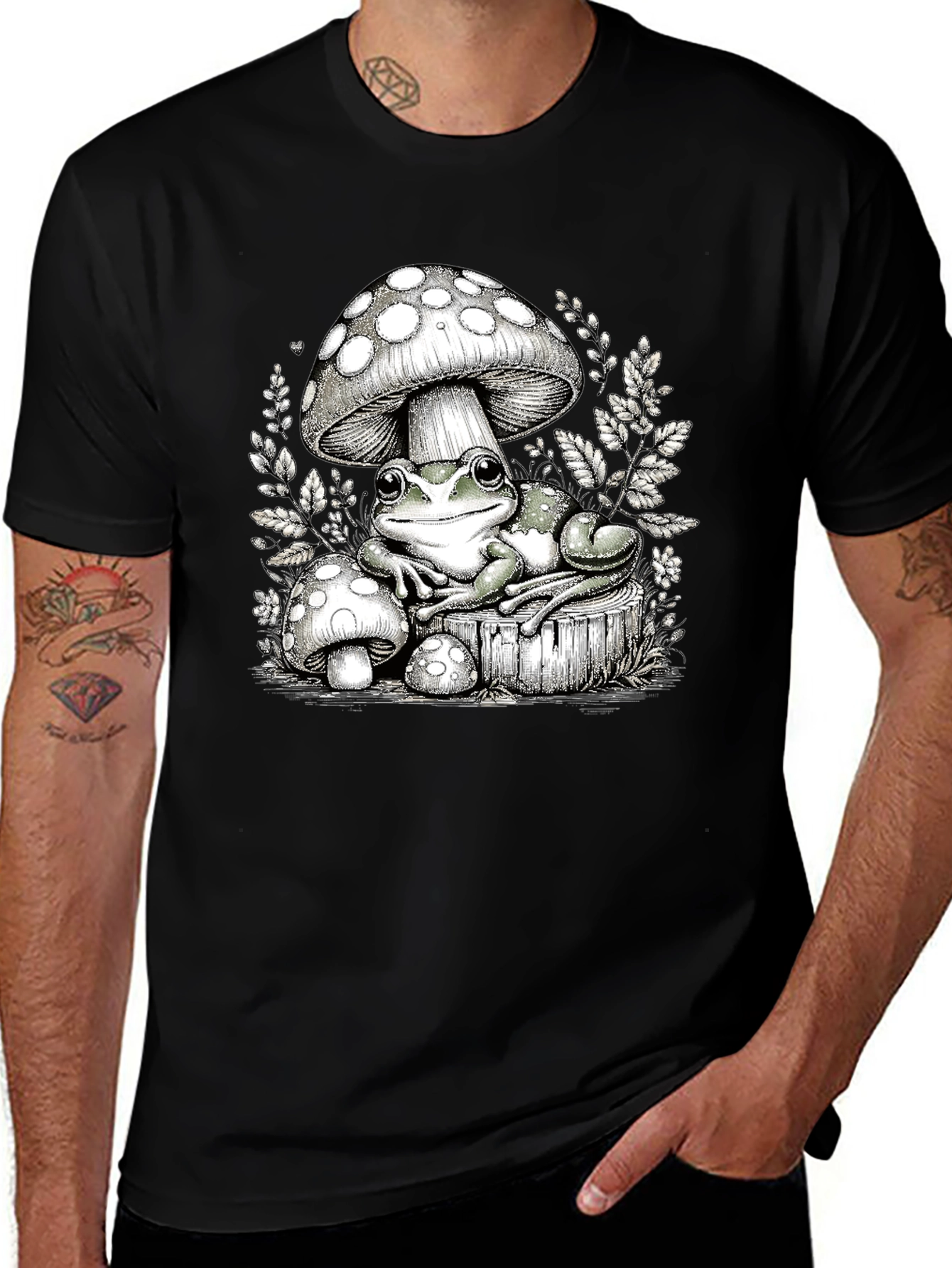 Frog and Mushroom Graphic Tee - Black Cotton T-Shirt