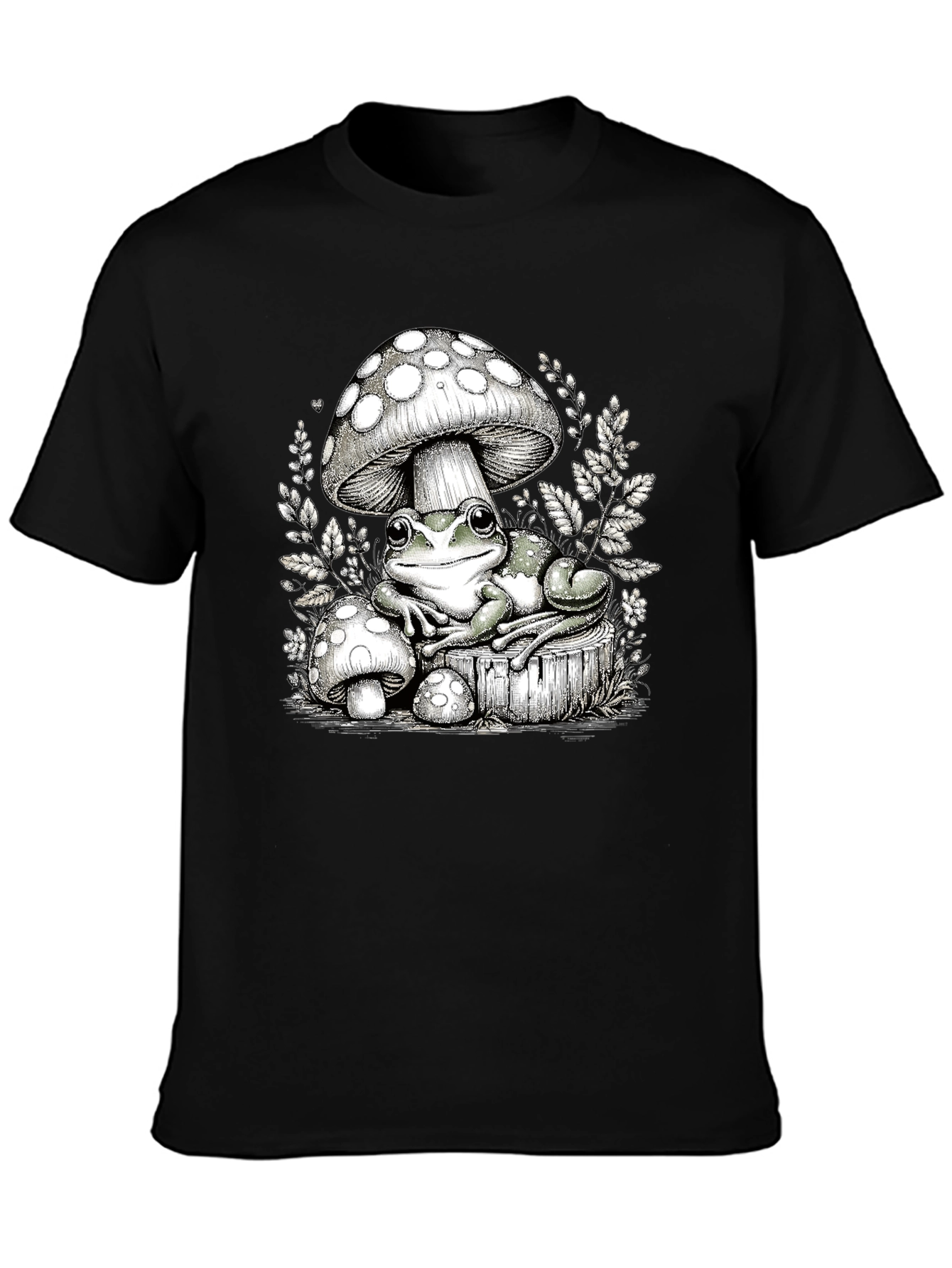 Frog and Mushroom Graphic Tee - Black Cotton T-Shirt