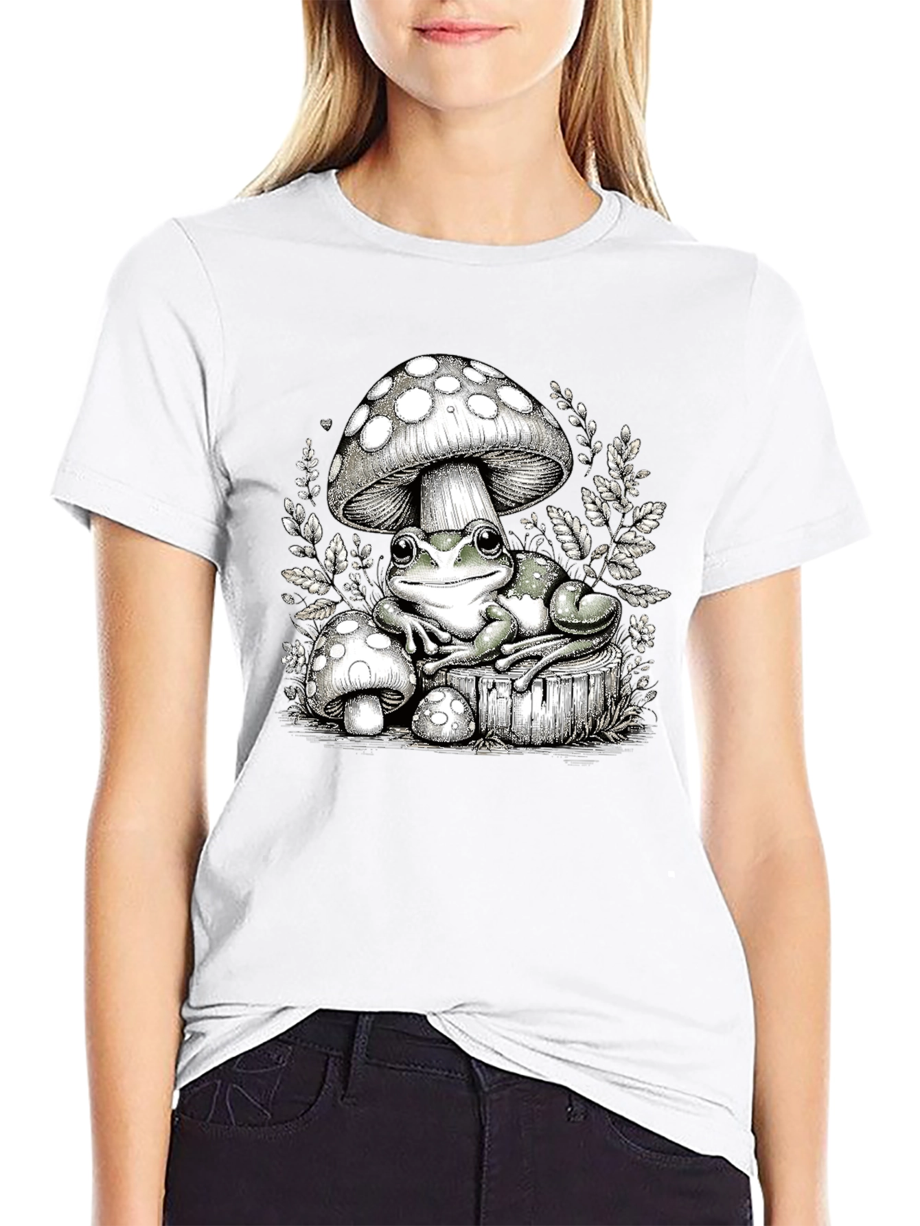 Frog and Mushroom Graphic Tee - Black Cotton T-Shirt