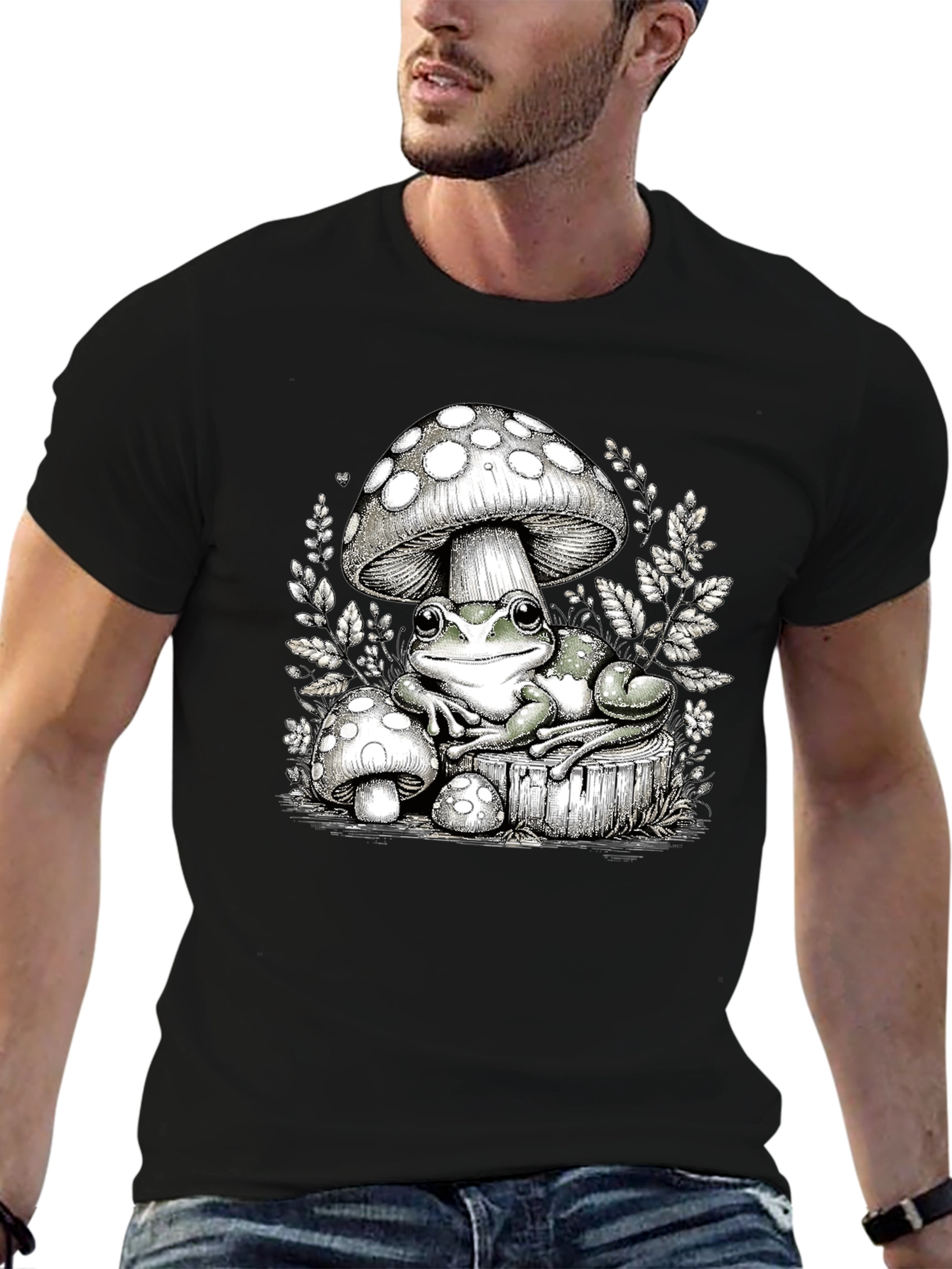 Frog and Mushroom Graphic Tee - Black Cotton T-Shirt
