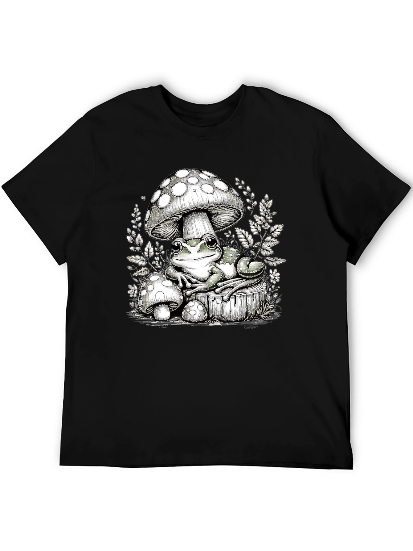 Frog and Mushroom Graphic Tee - Black Cotton T-Shirt