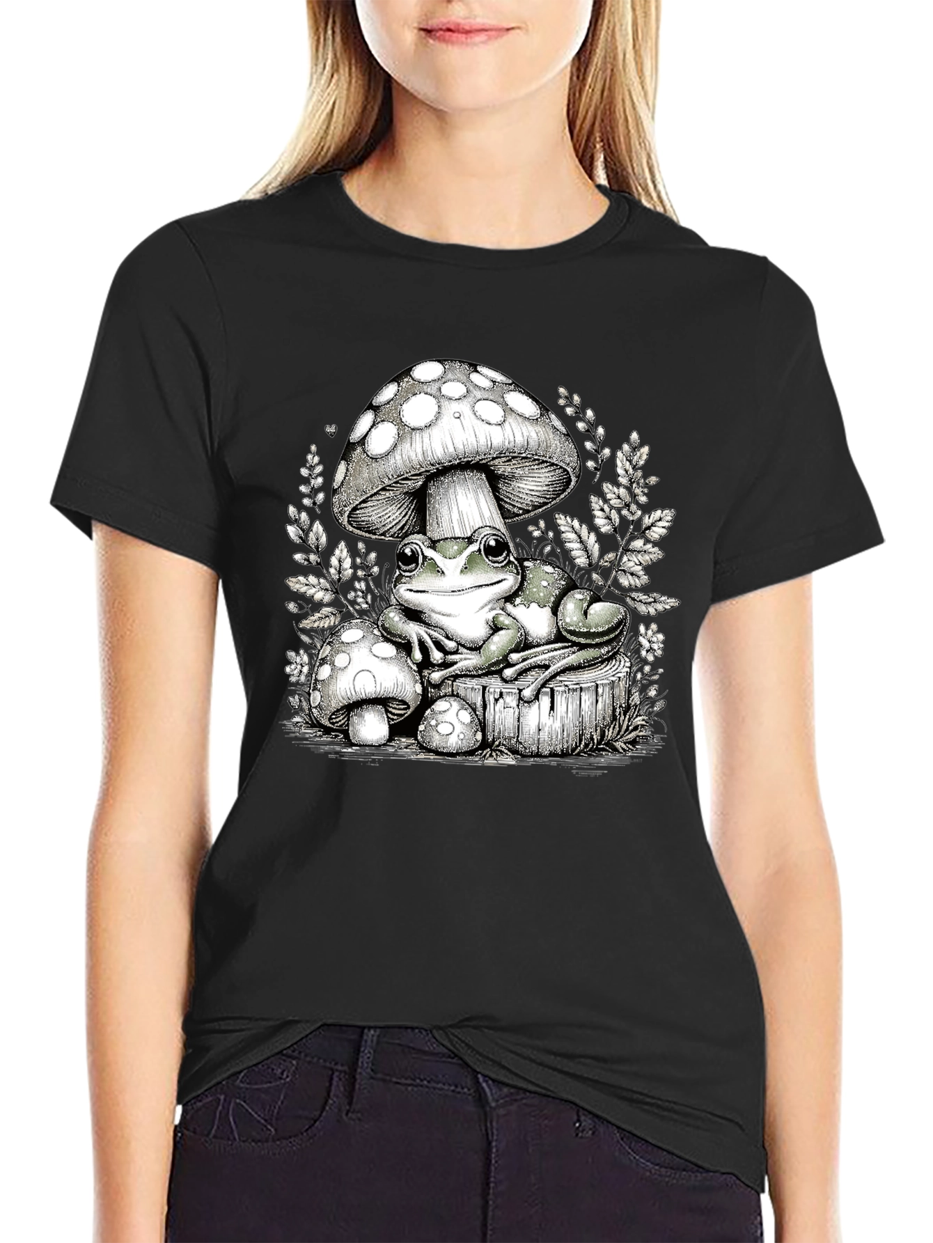 Frog and Mushroom Graphic Tee - Black Cotton T-Shirt