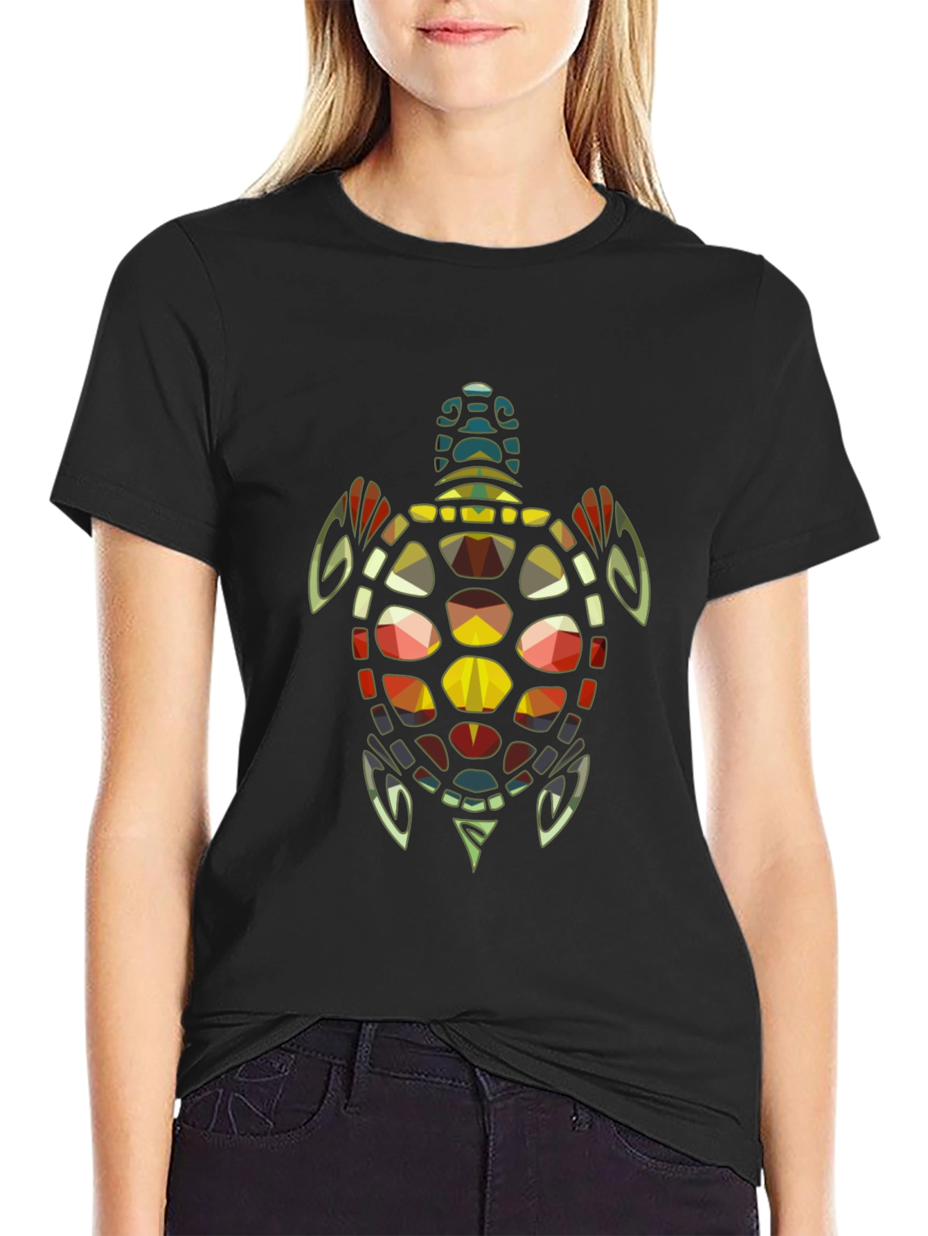 Geometric Turtle Graphic Print Tee - Black
