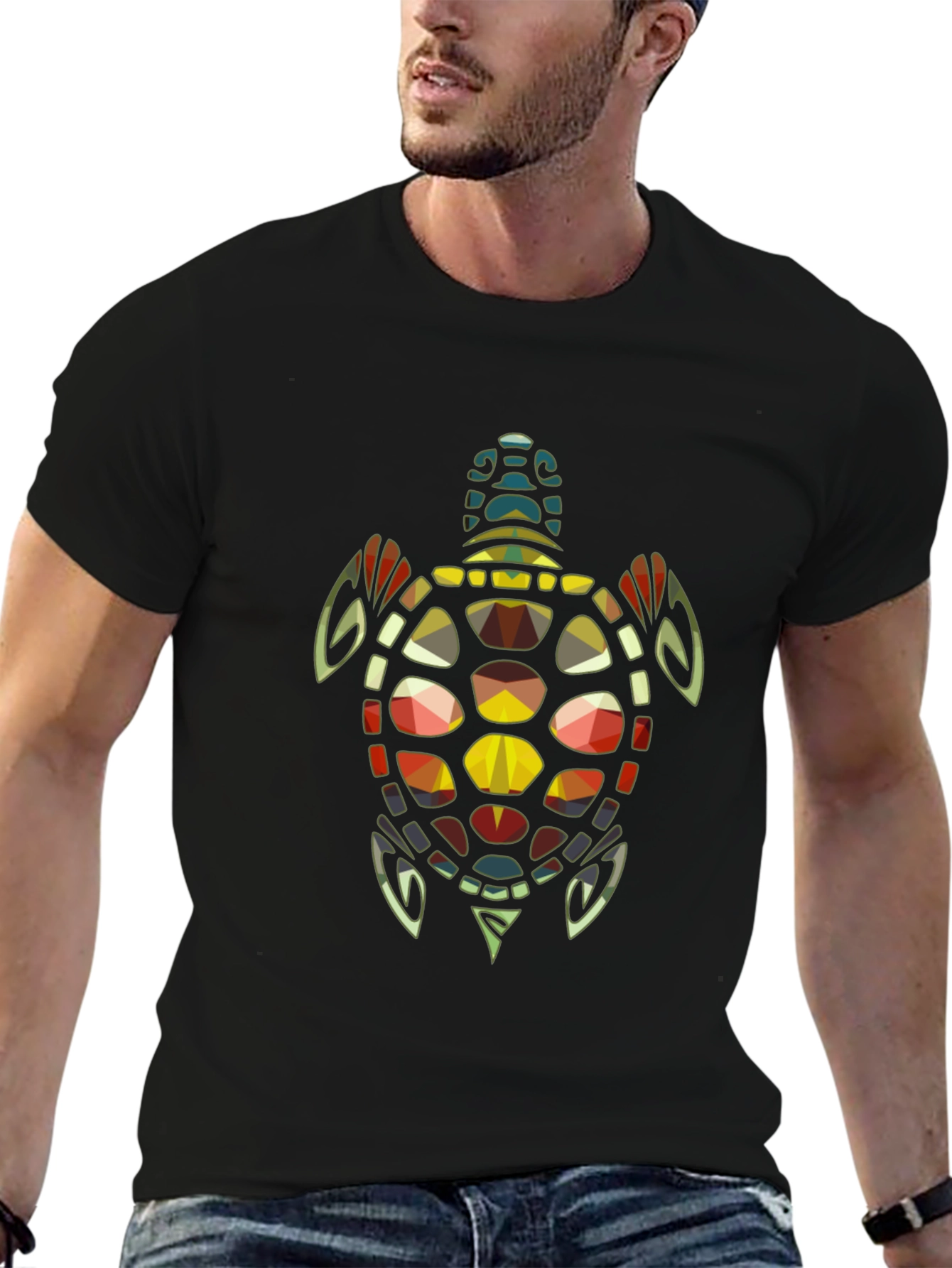 Geometric Turtle Graphic Print Tee - Black
