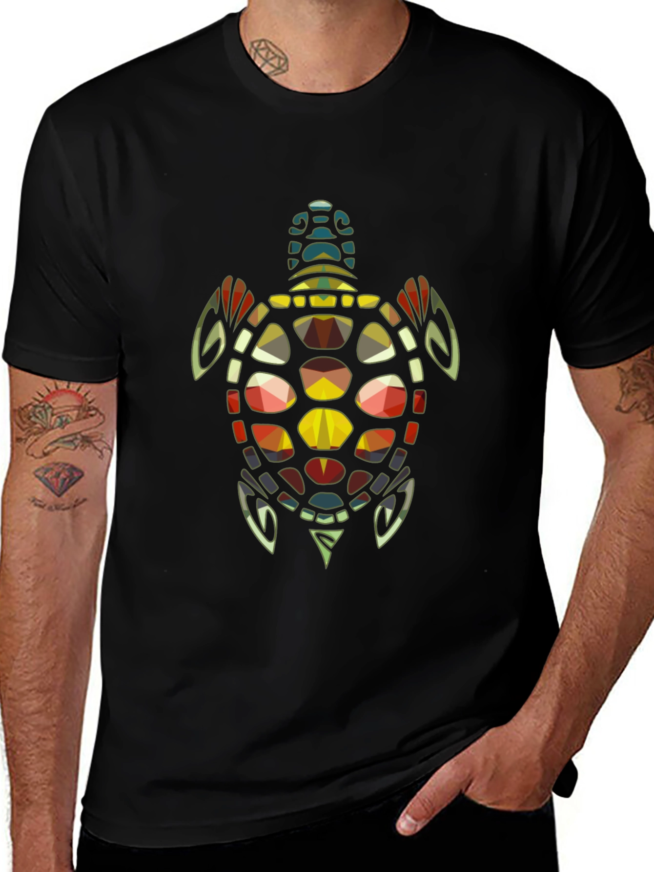 Geometric Turtle Graphic Print Tee - Black