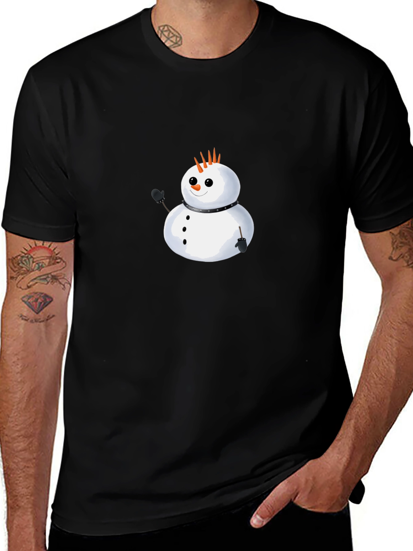 Punk Snowman Graphic Tee - Black Cotton T-Shirt