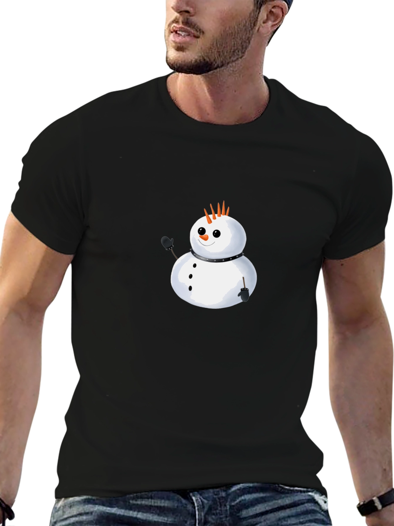 Punk Snowman Graphic Tee - Black Cotton T-Shirt