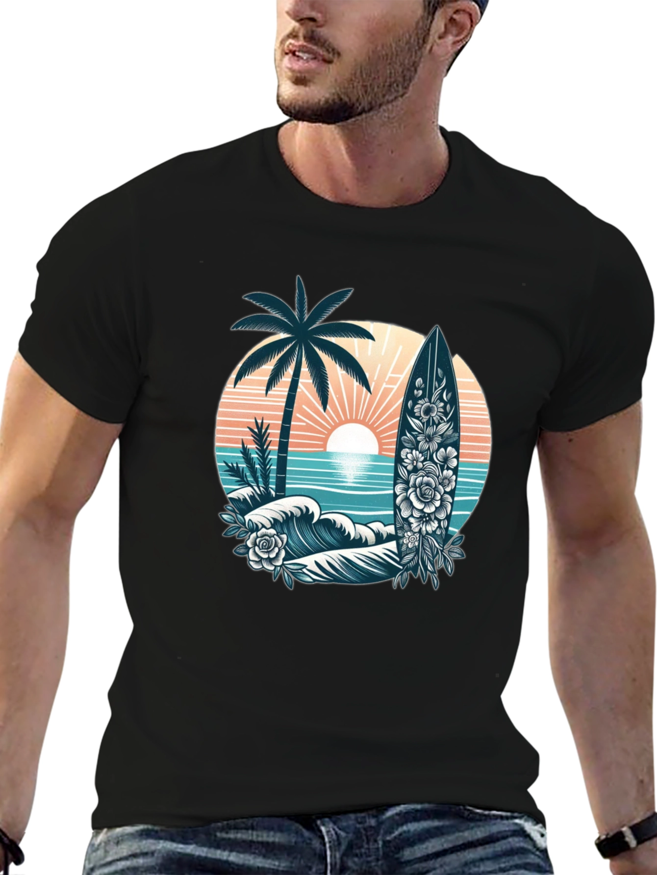 Tropical Surf T-Shirt: Palm Tree Waves Floral Surfboard