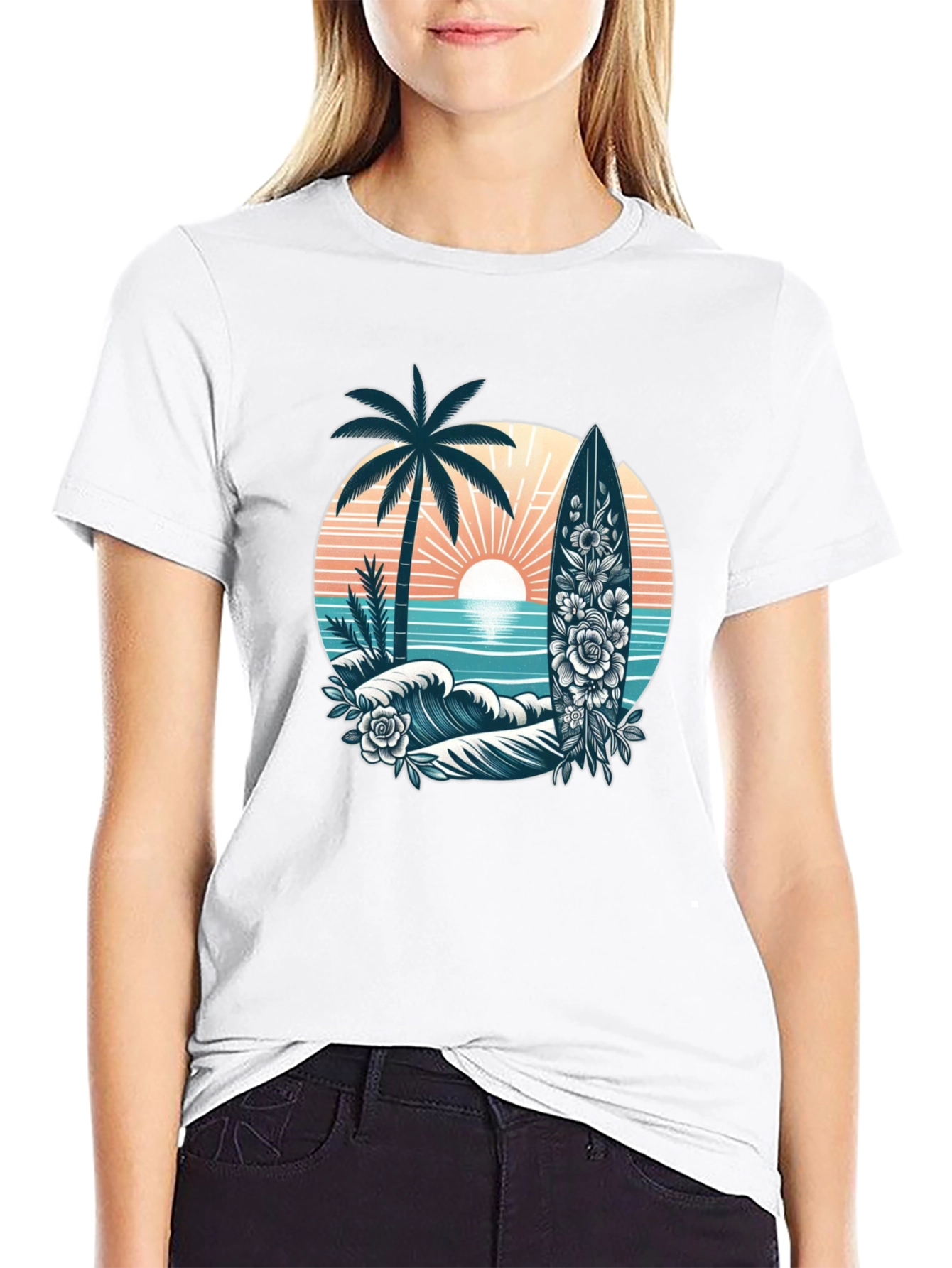 Tropical Surf T-Shirt: Palm Tree Waves Floral Surfboard