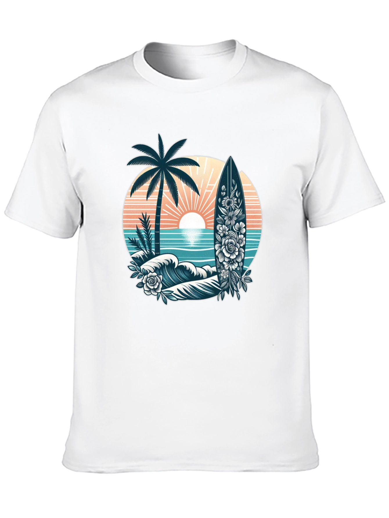 Tropical Surf T-Shirt: Palm Tree Waves Floral Surfboard